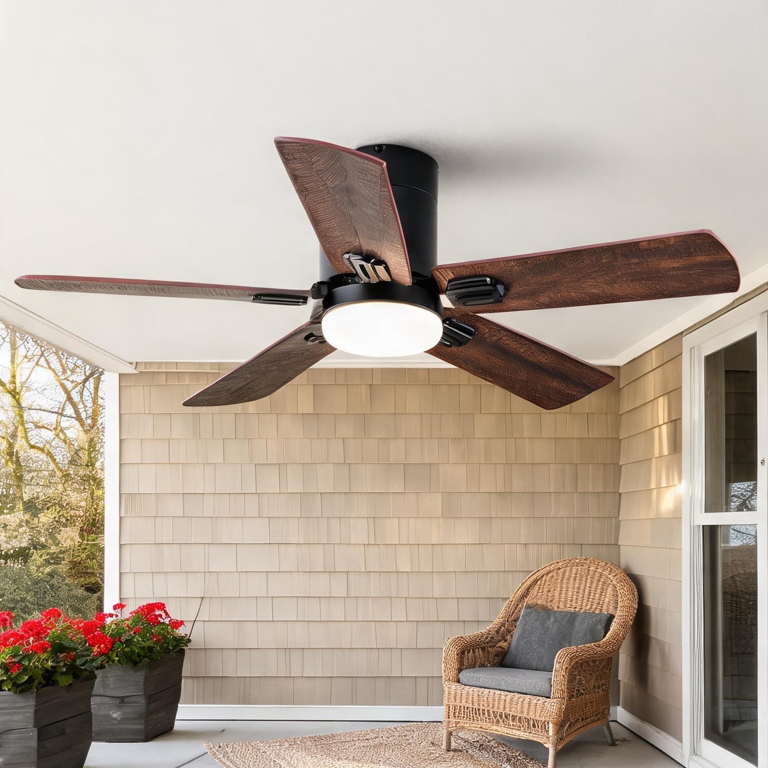 Watnature Solid Wood 42-Inch Ceiling Fan with Dimmable LED Light Remote Quiet DC Motor Jet Black + Walnut Modern Low-Profile for Bedroom