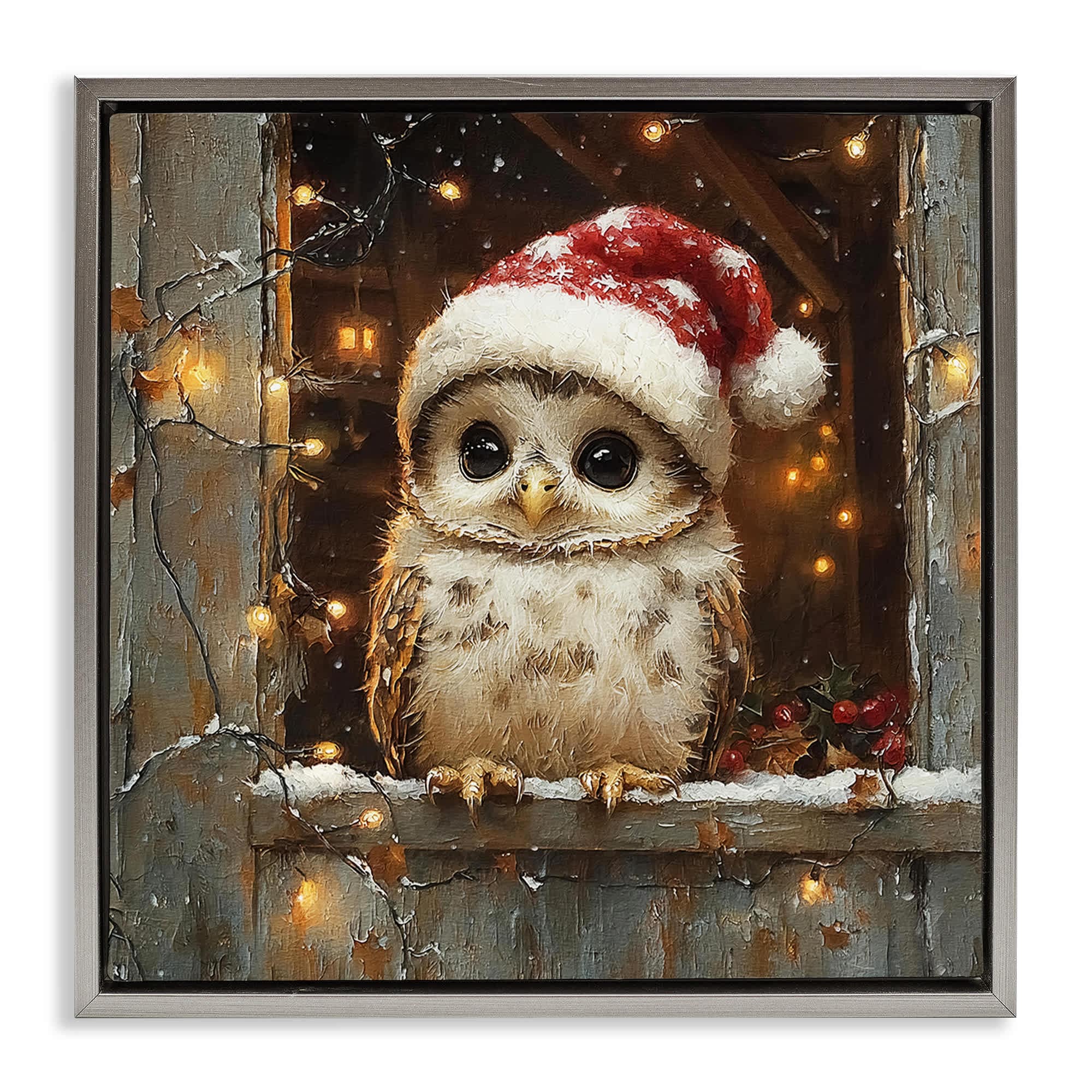 Stupell Industries BT-932-FFL-17X17 Festive Owl with Holiday Lights Gray Framed Floater Canvas Wall Art By Riley B 18 x 18