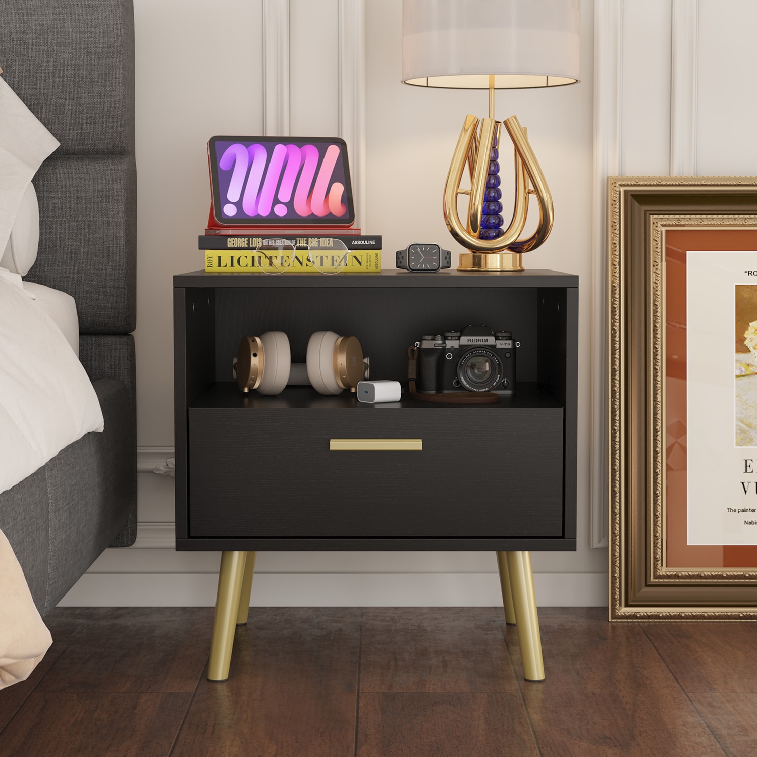 FUFU&GAGA LJY-KF200053-01 1-Drawer Nightstand Black Nightstand