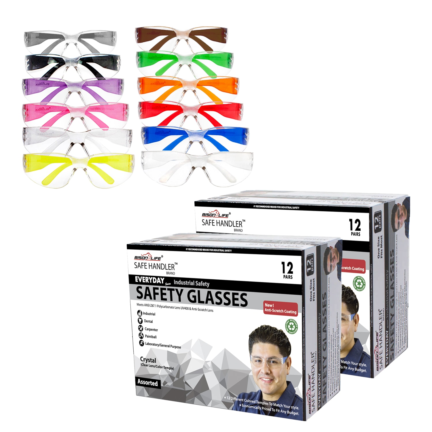 BISON LIFE SH-CR-CLLCT-SGA-24 24-Pack, Crystal Clear Lens Color Temple Polycarbonate Safety Glasses