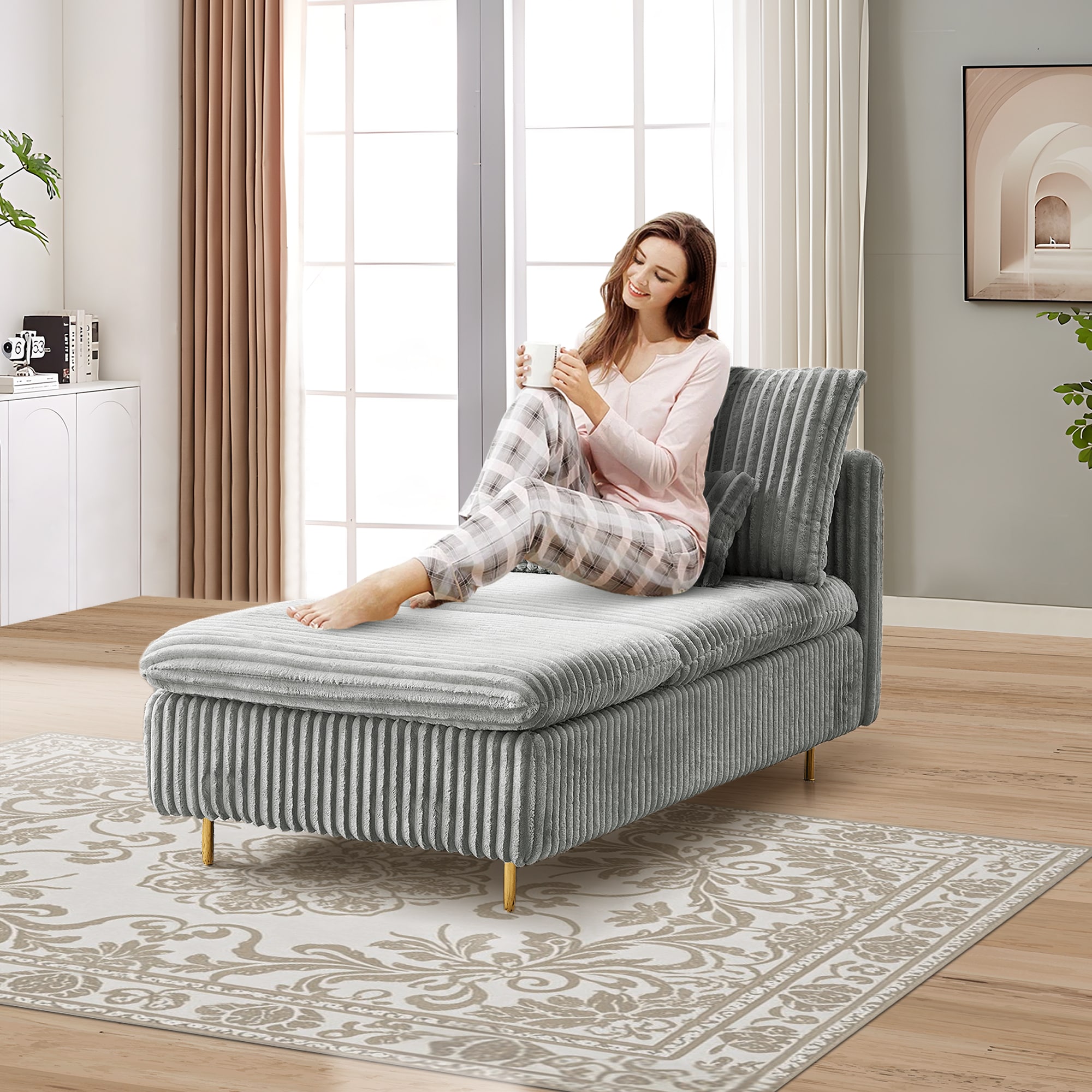 VASOENY - 62-IN W Corduroy Light Gray Chaise Lounge Chair Indoor Sleeper Sofa Couch Bed