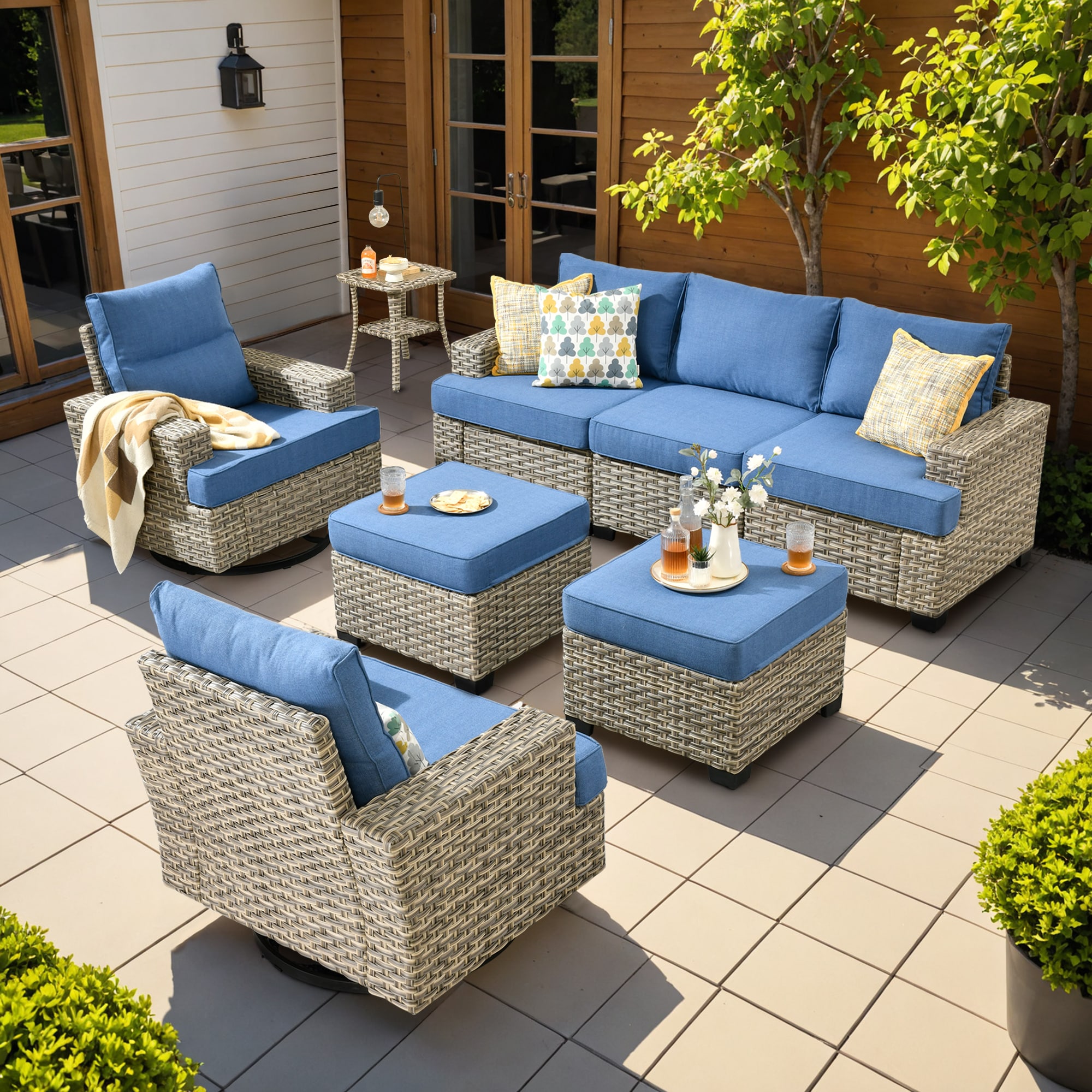 Ovios TS508Y 8 -Piece Wicker Patio Sofa Conversation Set with Blue Cushions