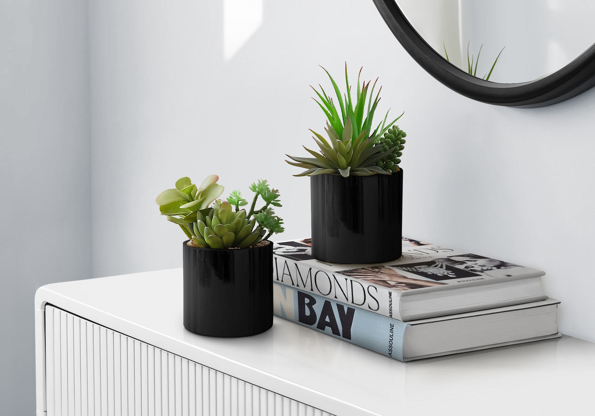 LOVMOR Artificial Plant 7Inch Tall Succulent Indoor Faux Fake Table Greenery Potted Set Of 2 Decorative Green Plants Glossy Black Pots