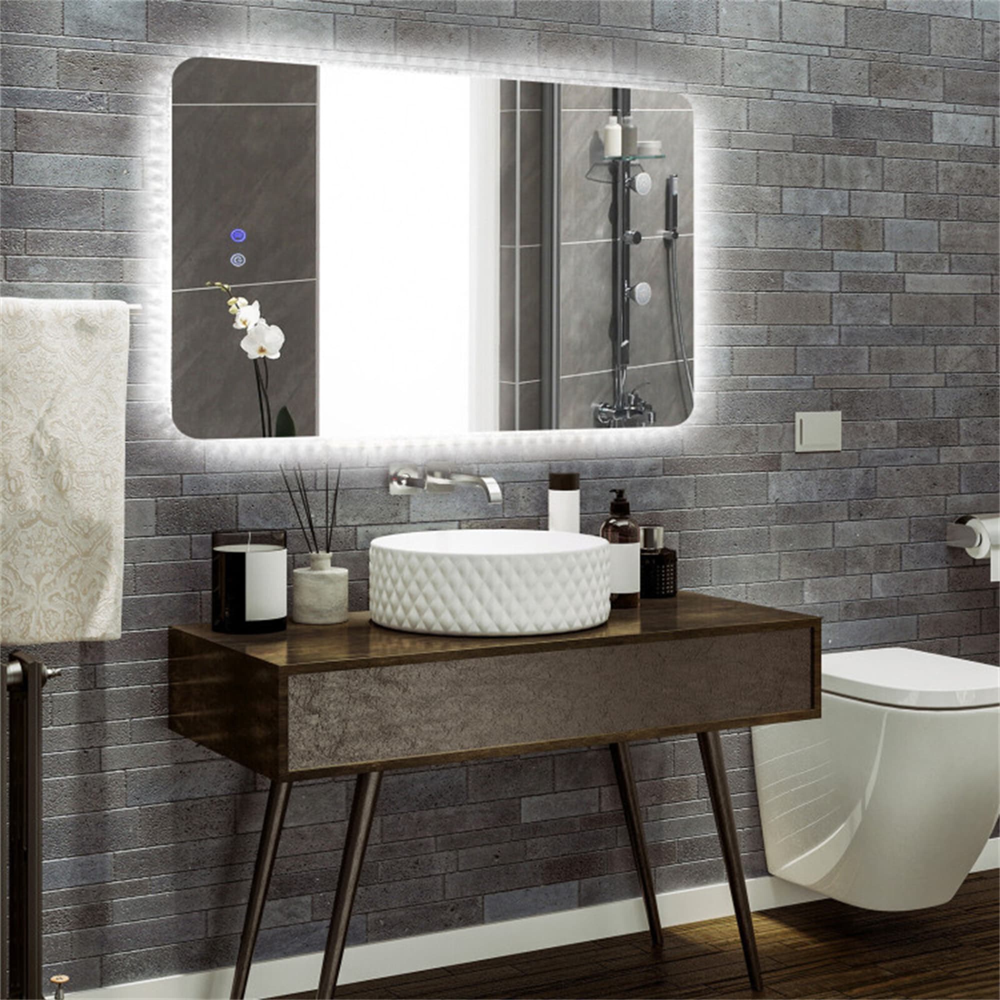 BABOOM BOM-9570950-OR 32 x 24-inch shatterproof bathroom wall mirror 32-in x 24-in Polished Rectangle Dimmable LED Lighted Fog Free Bathroom Vanity Mirror ( Silver )