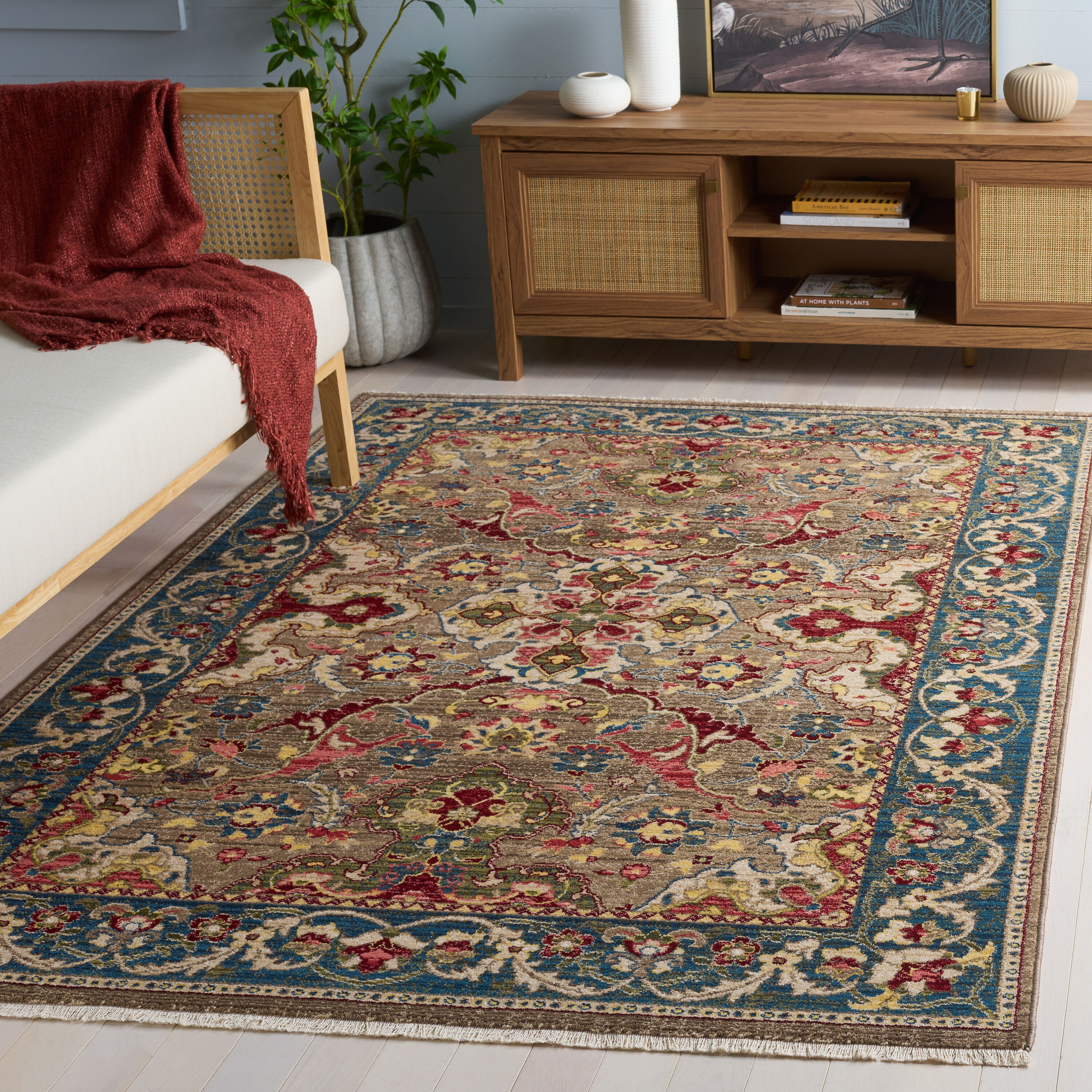 Kashan 5 x 7 (ft) Loomed Polypropylene Taupe/Blue Rectangular Indoor Mid-Century Modern Professionally Clean Only Area rug
