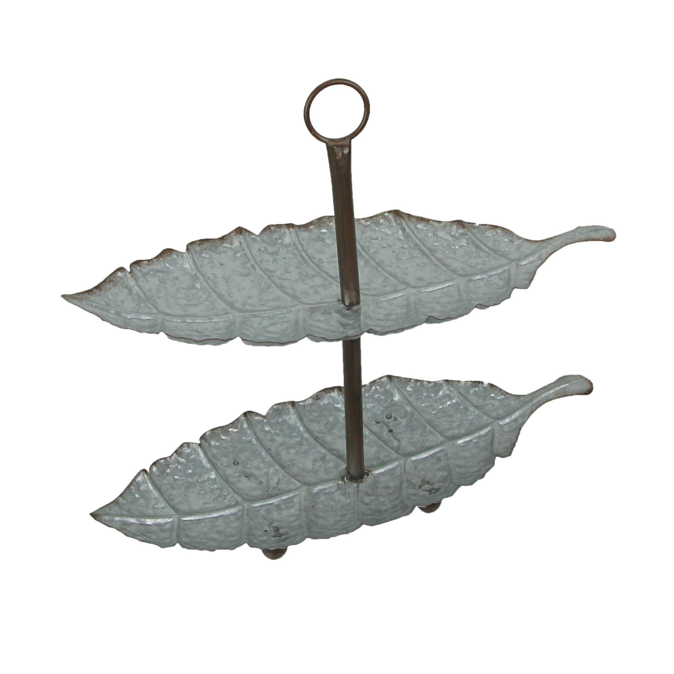 Special T Imports STI-E22147 Galvanized Grey Zinc Finish Leaf-Shaped Two-Tier Serving and Display Tray - Charming Farmhouse Decor with For Kitchens and Dining Rooms - 16 Inches High