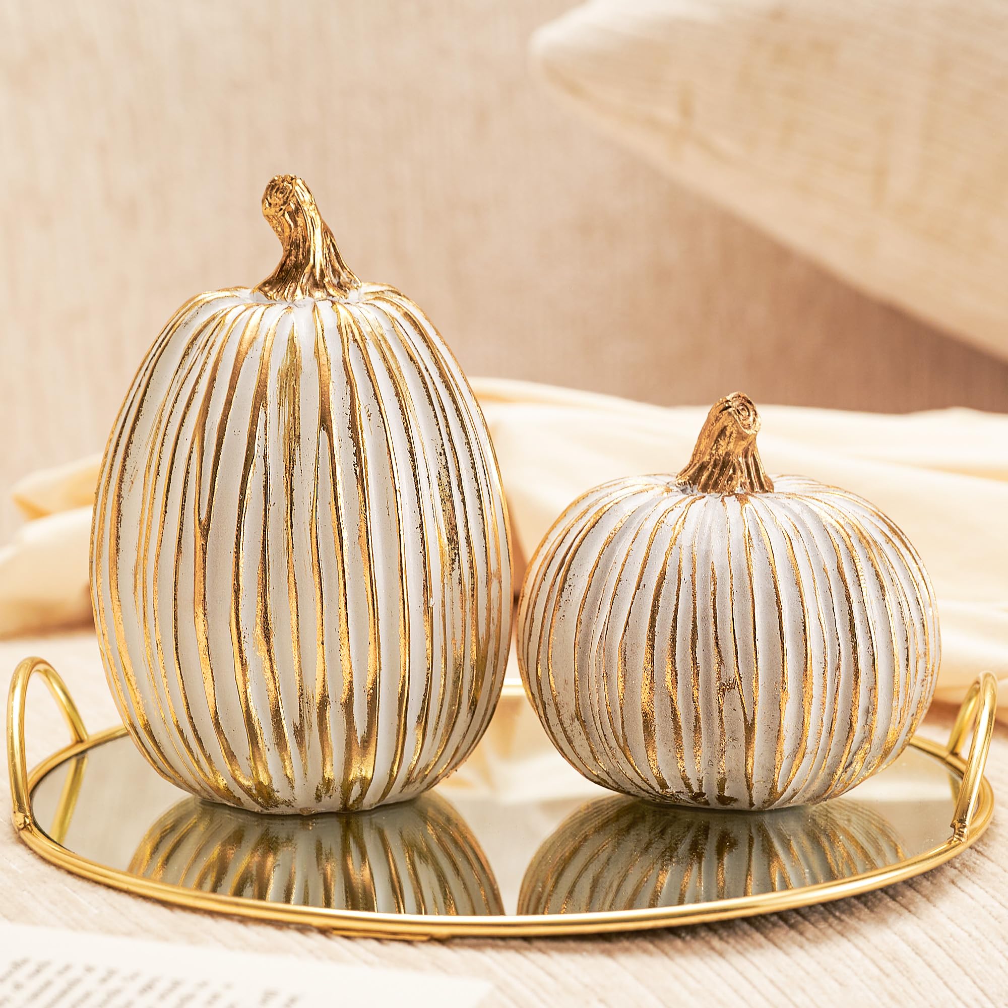 KIWDZFU  White and Gold Fall Pumpkin Decorations Resin Figurines Set of Two for Thanksgiving Table Centerpieces Autumn Harvest Home Decor