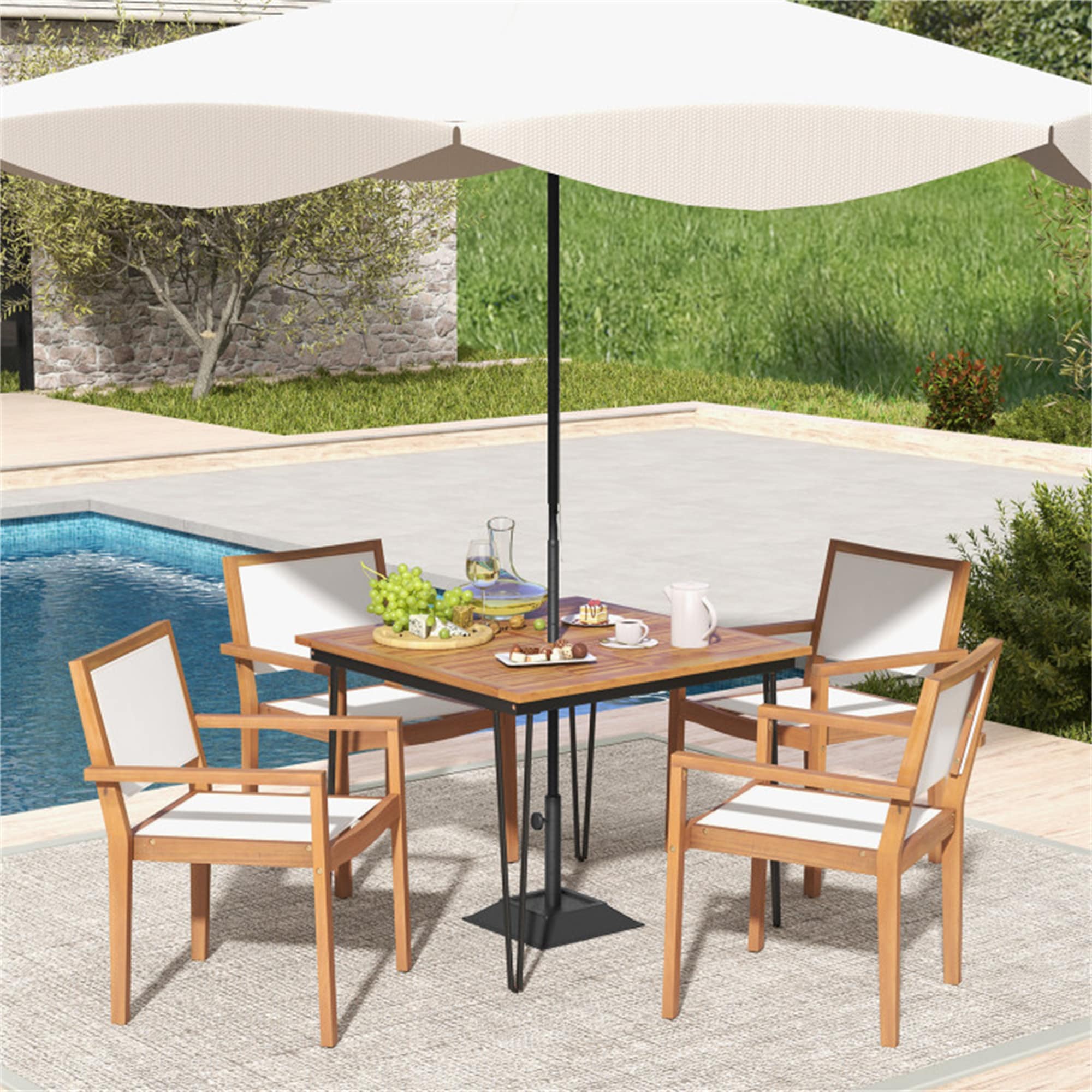 BABOOM BOM-0808-CF-CO Patio Chair Stackable Brown Wood Frame Stationary Balcony Chair with White Solid Seat