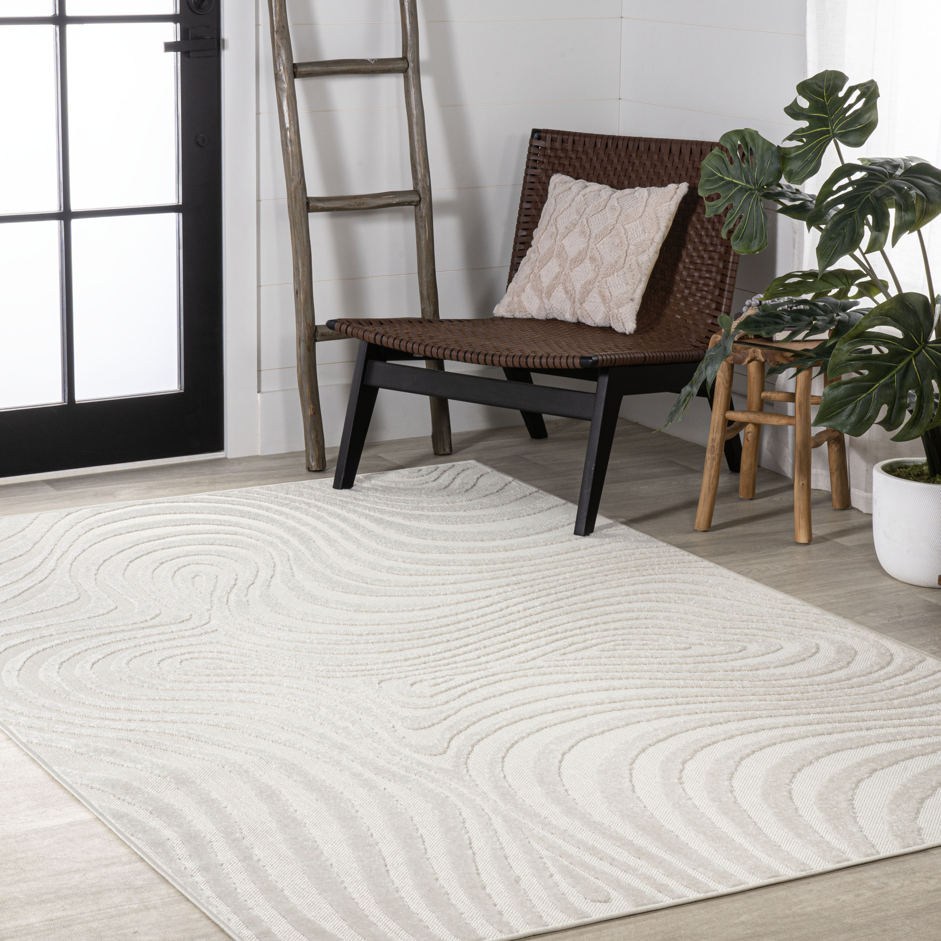 Ivory and Cream High-Low Striped 8' x 10' Synthetic Area Rug
