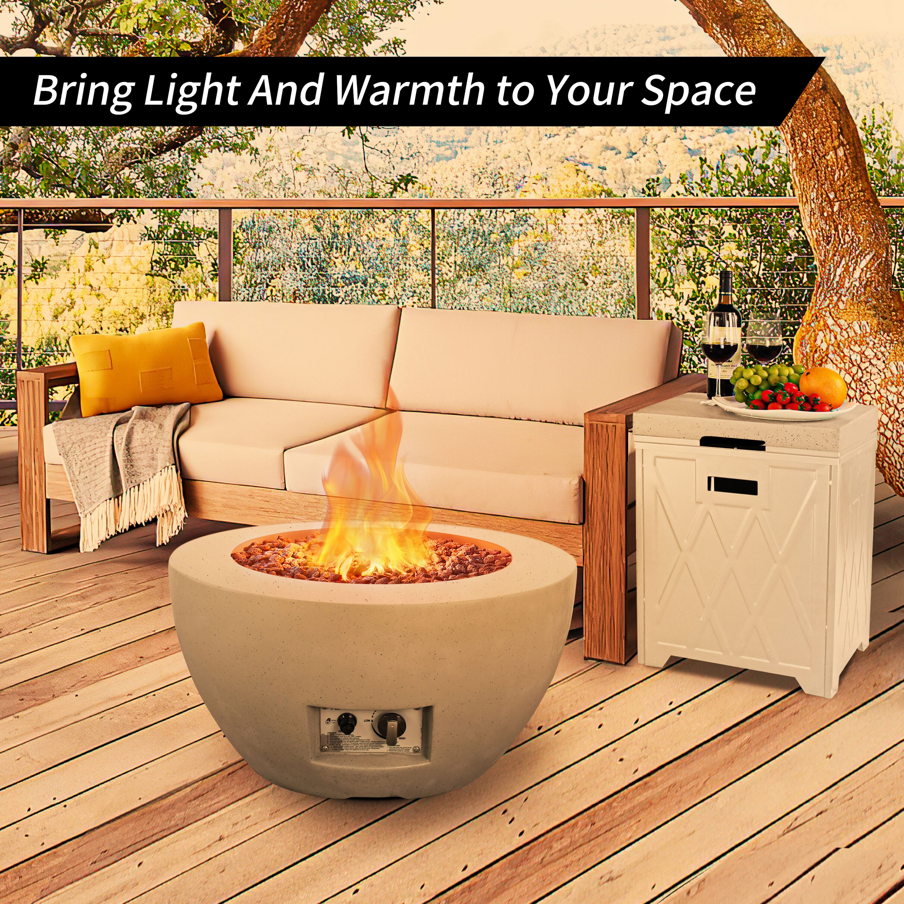 Light Gray Concrete Round Gas Fire Pit Table