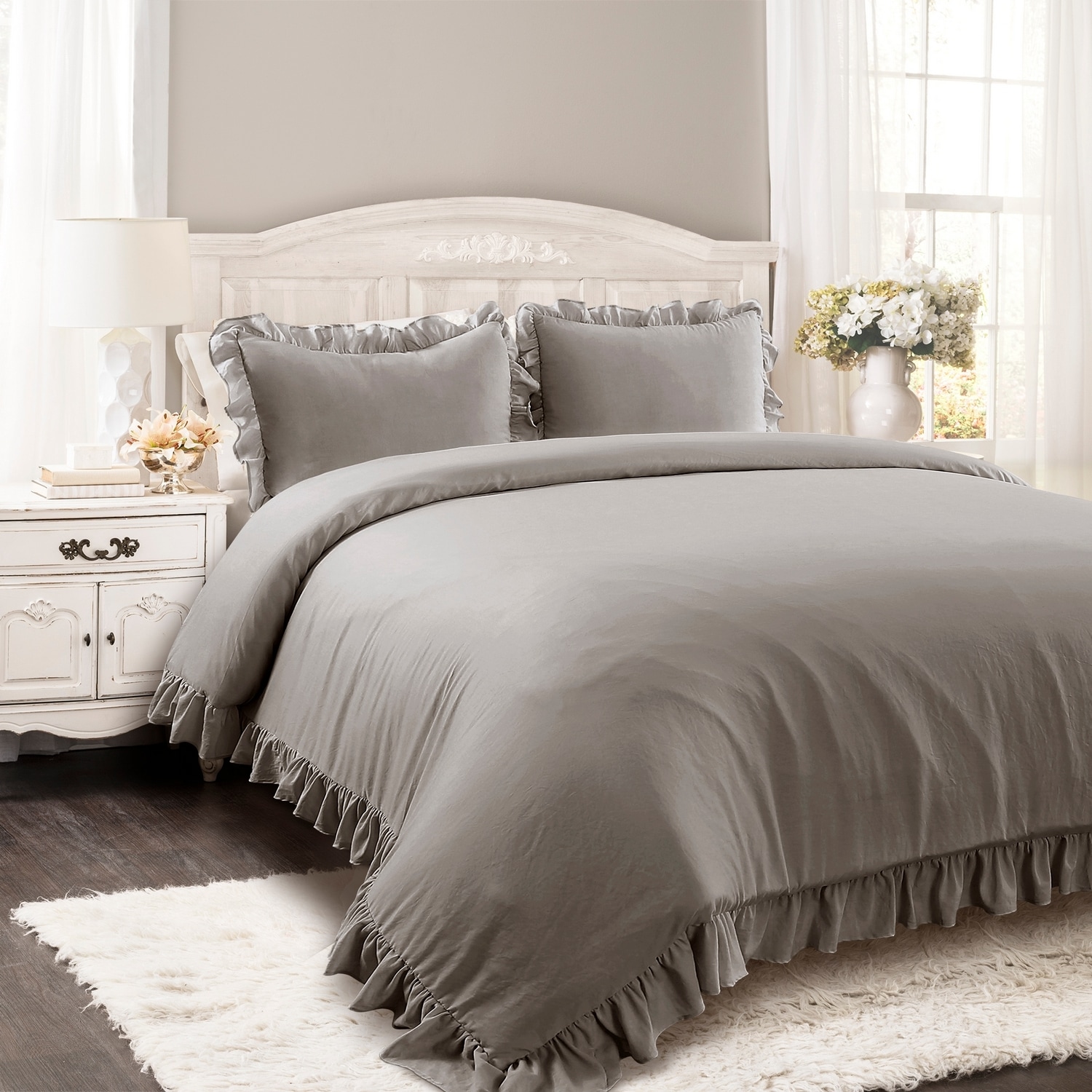 King Size Gray Microfiber Ruffled Comforter Set