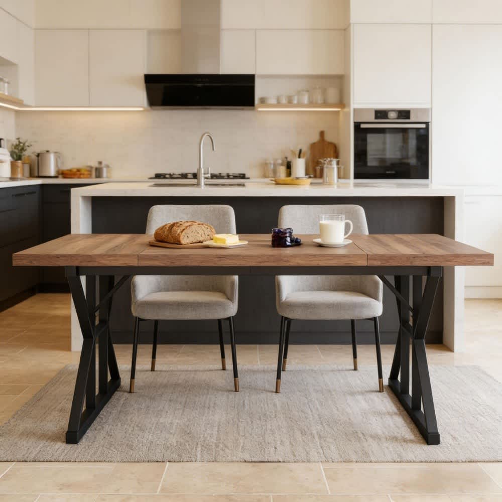 Coolbibila - 71 in Farmhouse Walnut and Black Wood and Metal Dining Table Trestle Base