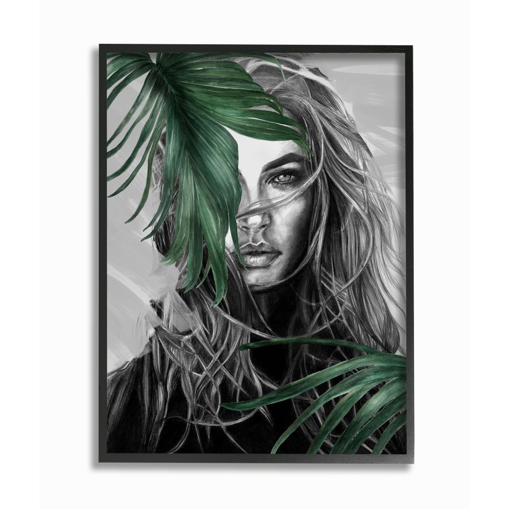 Glamour Female Sketch Portrait with Fern Plants Patricia Mendes Framed 20-in H x 16-in W People Print in Gray | - Stupell Industries AA-982-FR-16X20