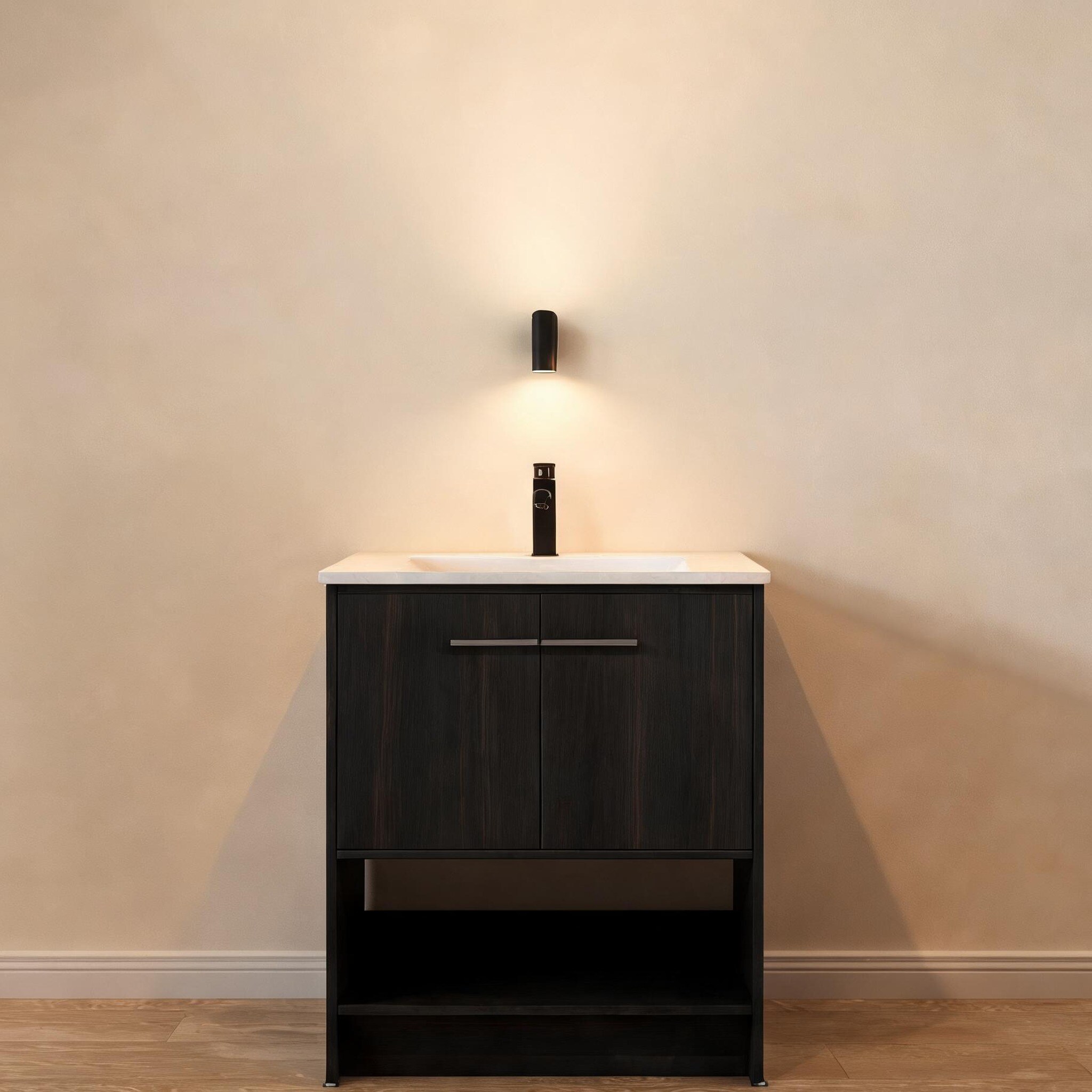 SunJet 30-Inch Bathroom Vanity in Dark Oak with Soft-Close Doors and Ceramic Sink Minimalist Plywood