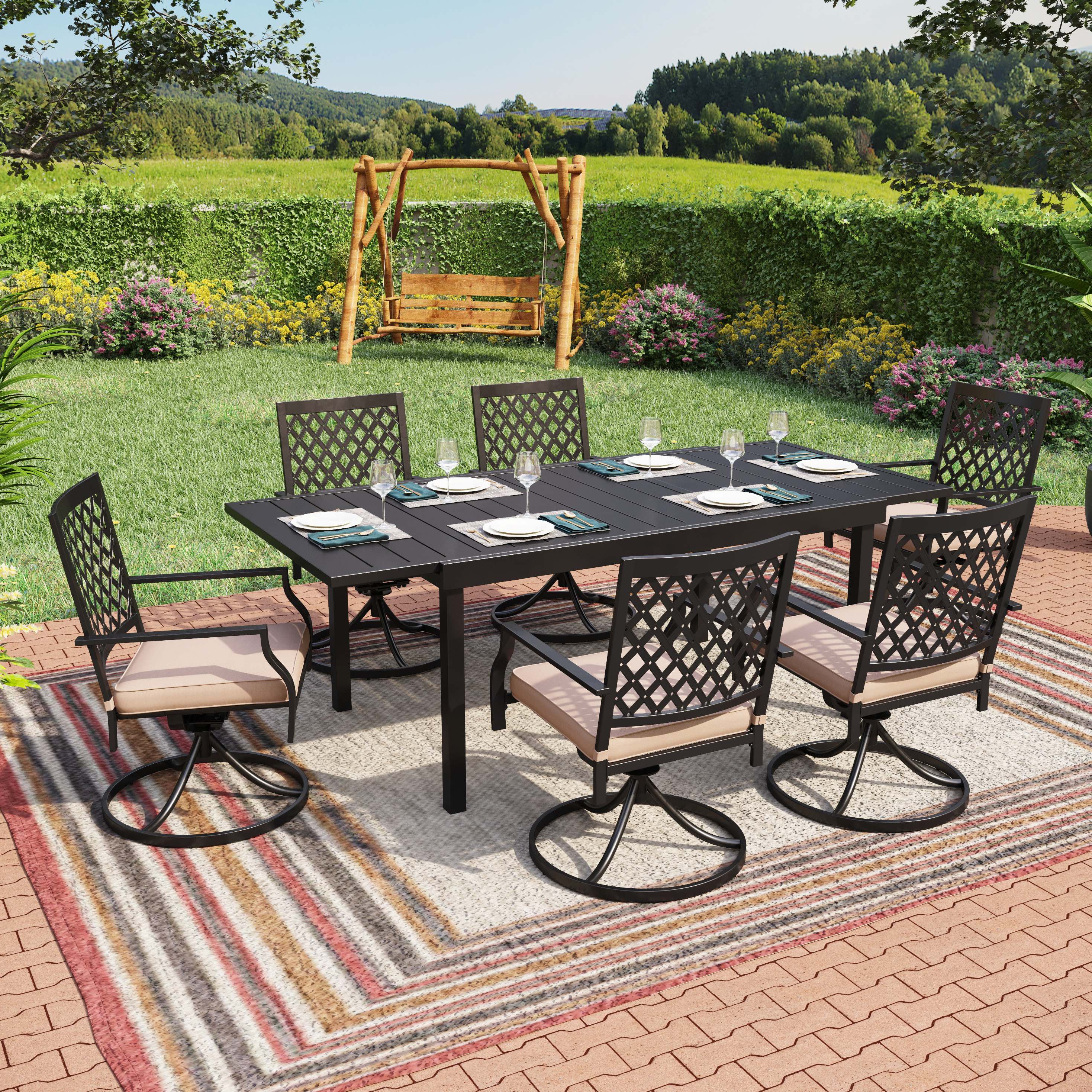 Sunshine Valley 7-Piece Black Patio Dining Set with White Olefin ...