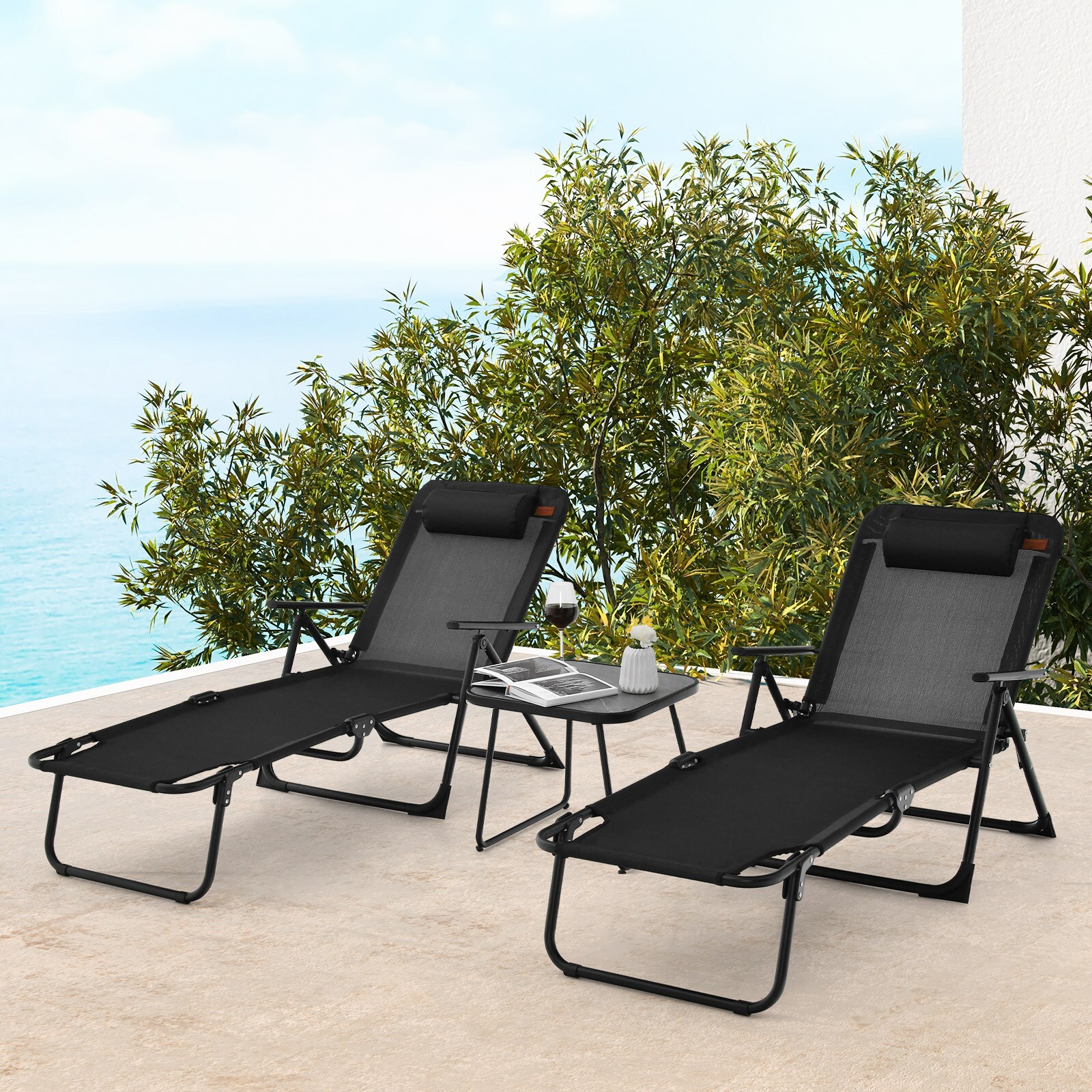 Volenca 3-Piece Steel Patio Folding Chaise Lounge Conversation Set with ...