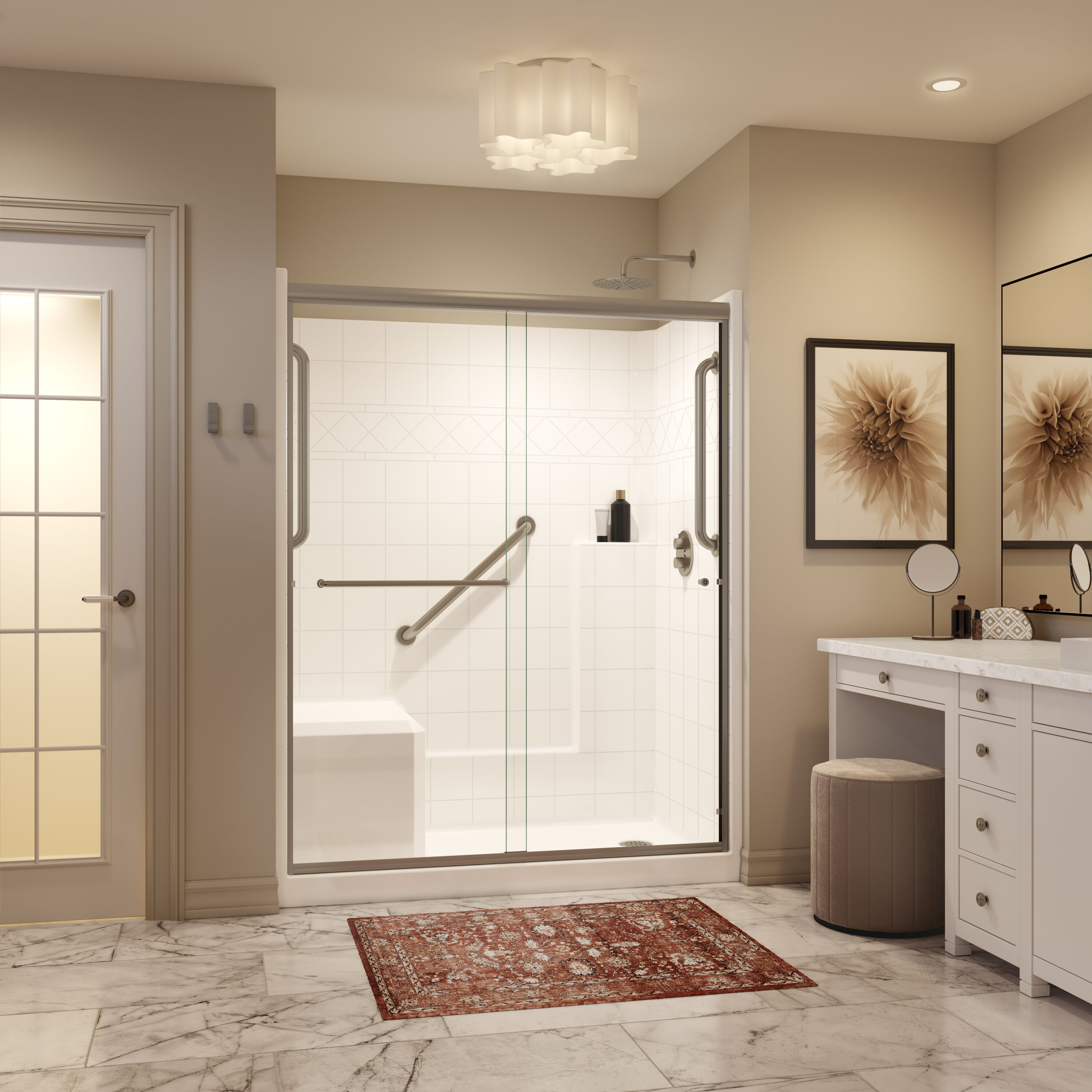 Laurel Mountain Loudon 4 -Piece 32-in W x 60-in L x 77-in H Rectangular Alcove shower kit ( Right Drain) with Integrated Seat Base, Wall, Door and Drain Included Brushed nickel Hardware Included #LM6032SH1S3PLWB3