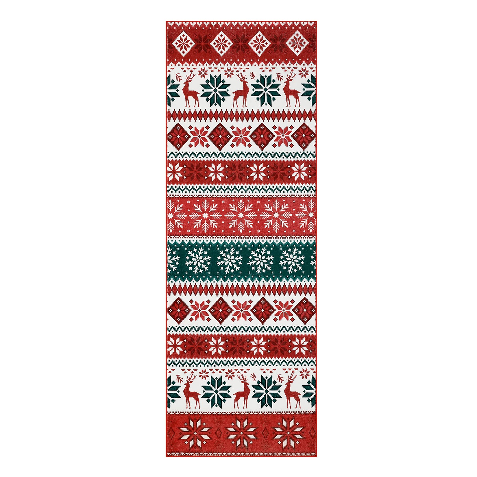 Qeetex SUNNY-PHO-15RAE361 2 x 8 ft Red/Green Christmas Entryway Laundry Bathroom Bedroom Snowflake Reindeer Print Modern Machine Washable Polyester Rectangular Indoor Runner Rug