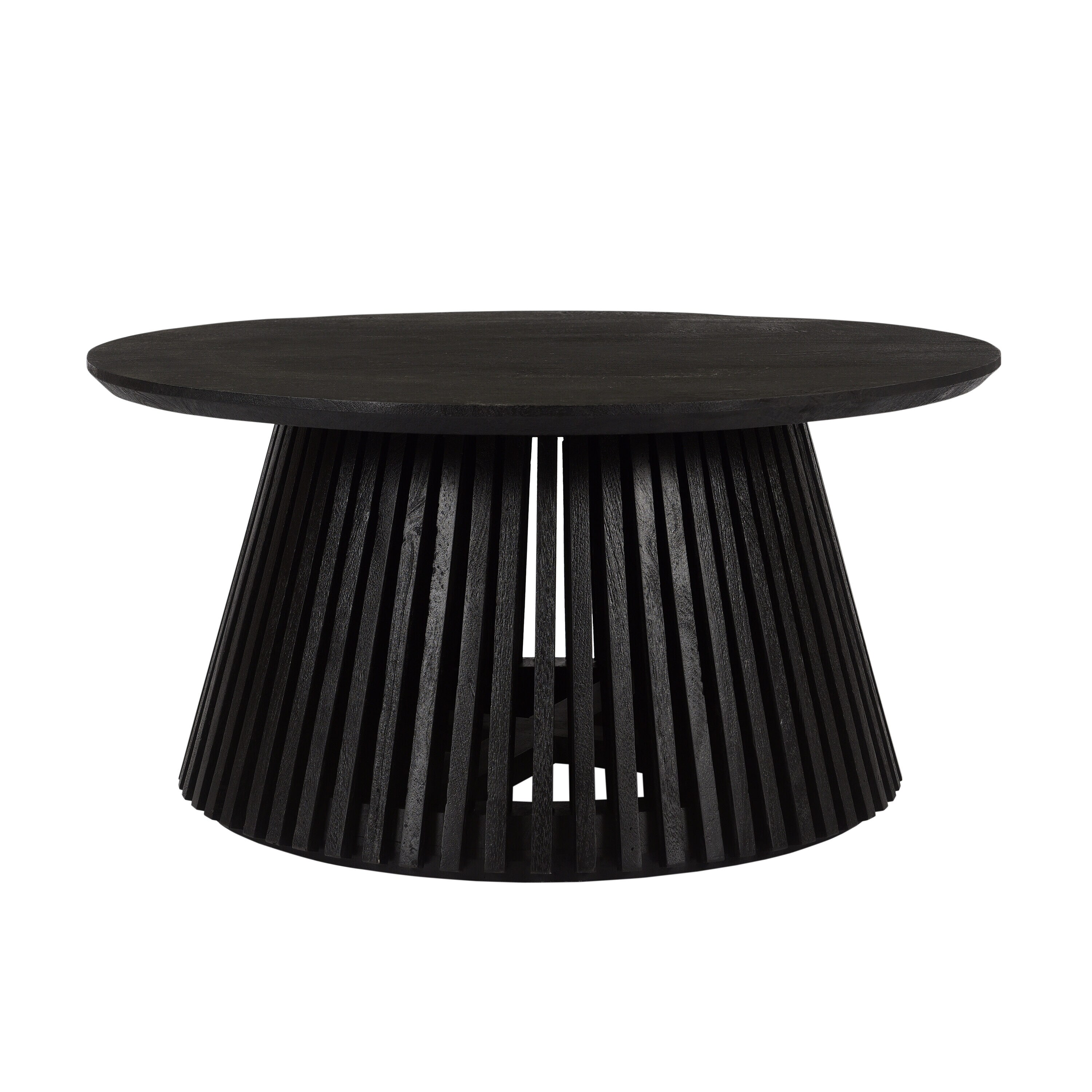 Jet Black Round Solid Wood Coffee Table with Slatted Base