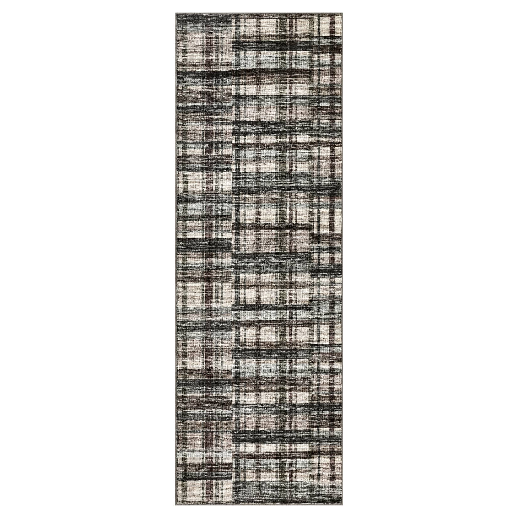 WhizMax SUNNY-PHK-33T8HHPX 2 x 6 ft Polyester Green Brown Rectangular Hallway Entryway Bathroom Kitchen Geometric Checkered Modern Machine Washable Runner Rug