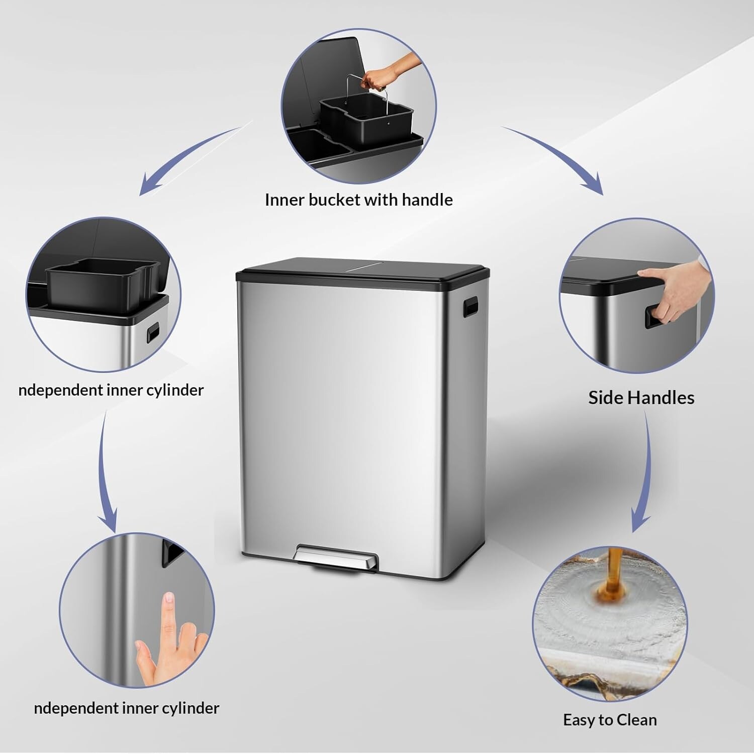Garvee 2 x 8 Gallon (2 x 30 L) Stainless Steel Step Trash Can Dual ...
