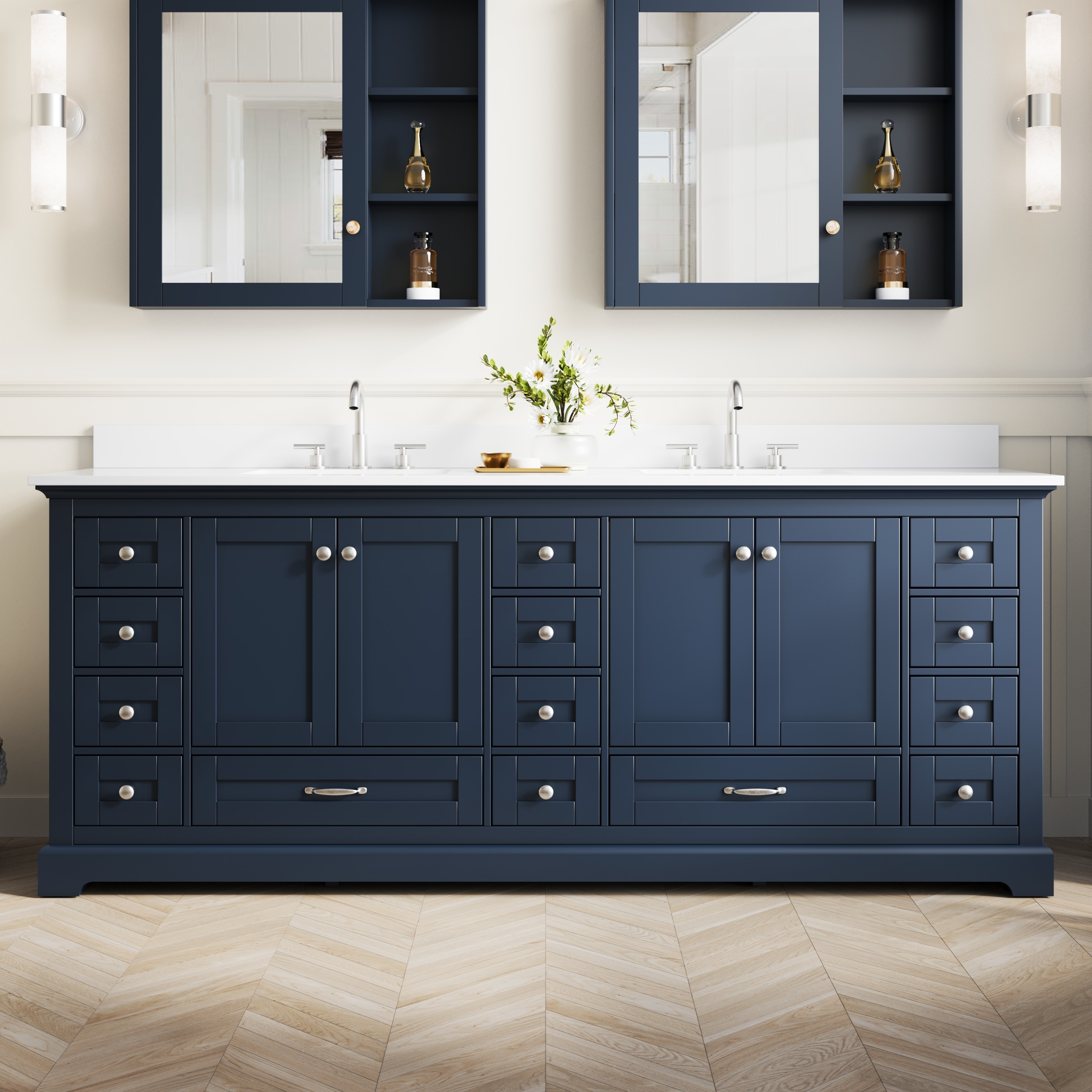 WELLFOR YC Solid Wood 84-in Navy Blue Undermount Double Sink Bathroom Vanity with White Cultured Marble Top (Fully Assembled)