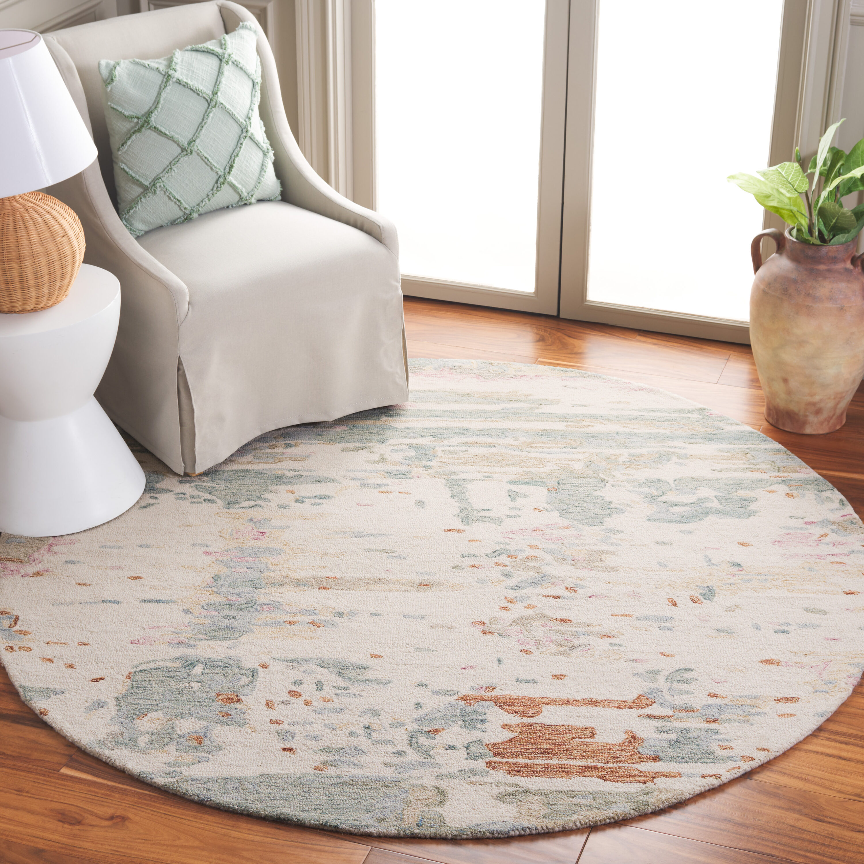  Metro 854 Ivory/Green Contemporary 6ft x 6ft Round Rug