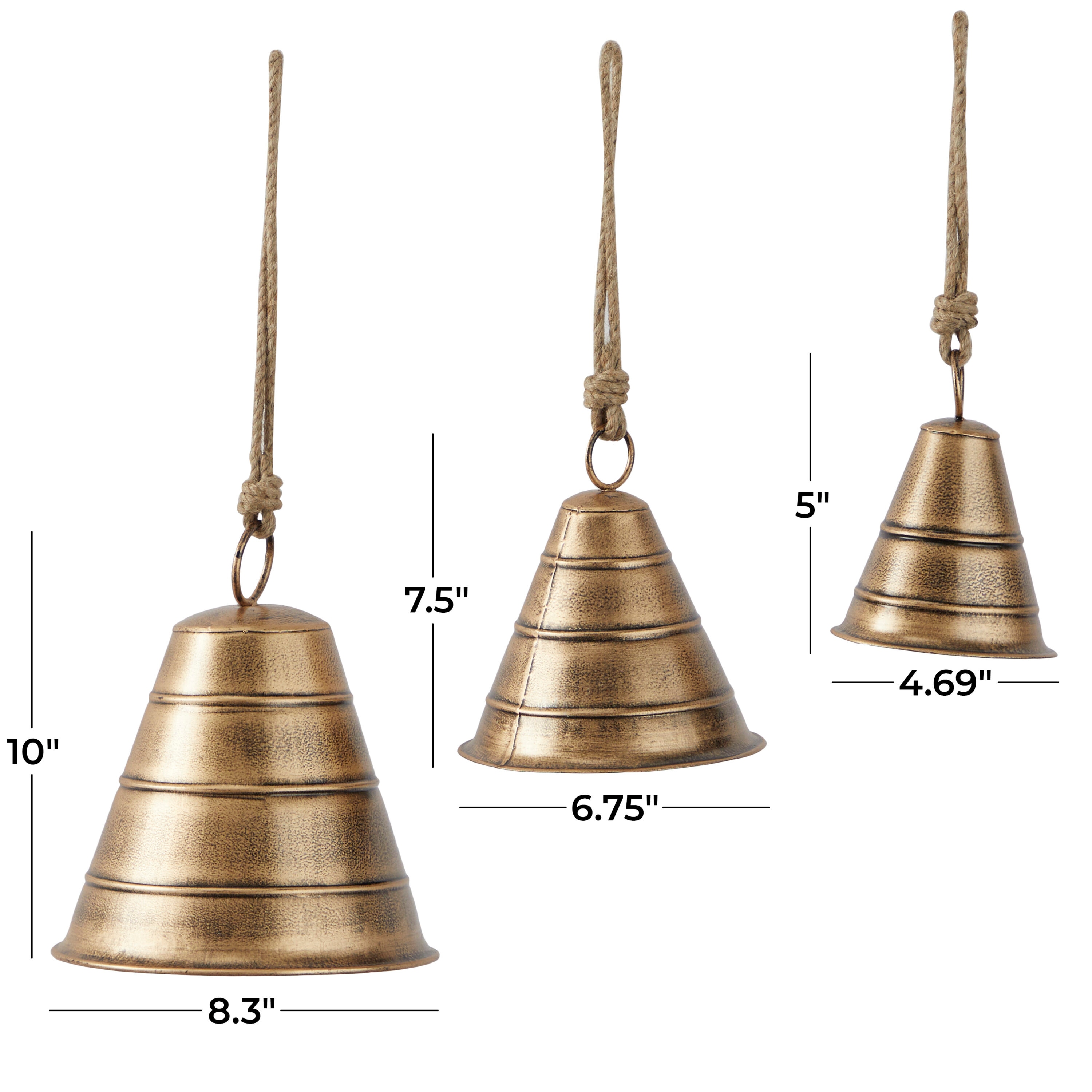 Rustic Cow Bells on Rope Set of 3 - 3, 4, 5 Tall