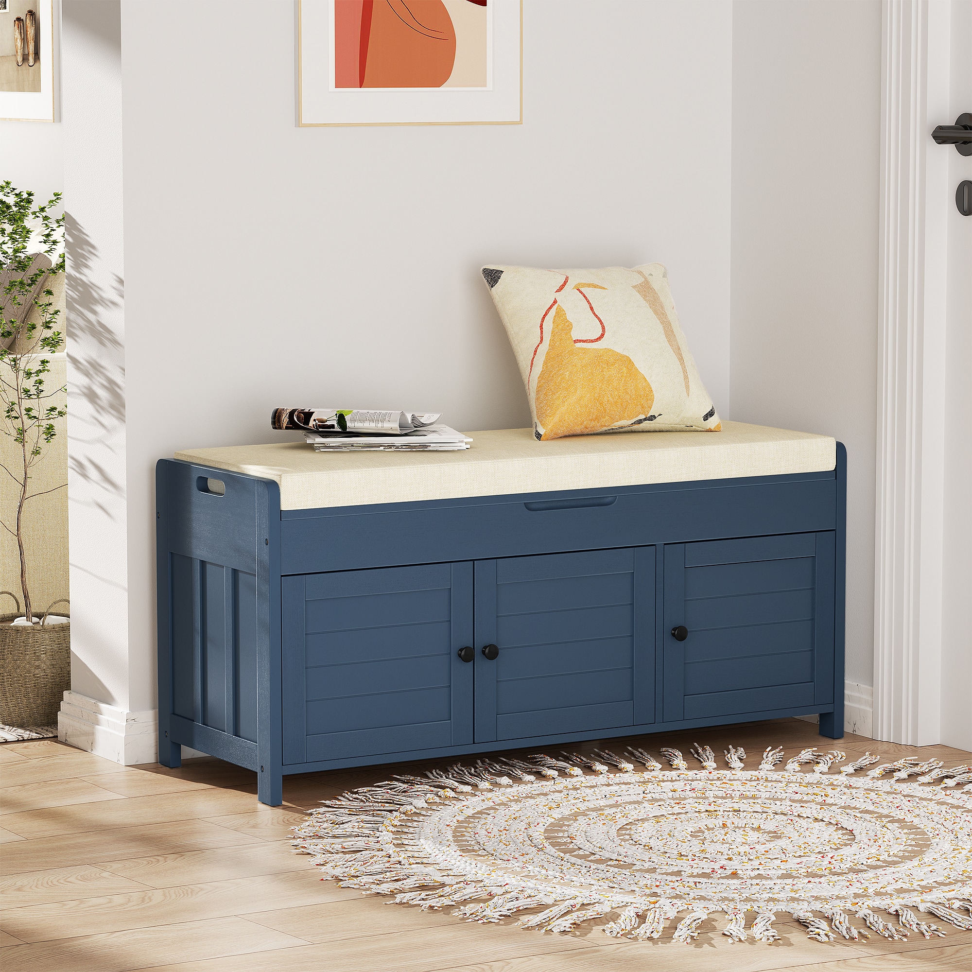LOVMOR D4670051D7-YCM 43.5-in W x 20-in H x 16-in D Navy Storage Bench for Entryway with Cushion and Hidden Storage