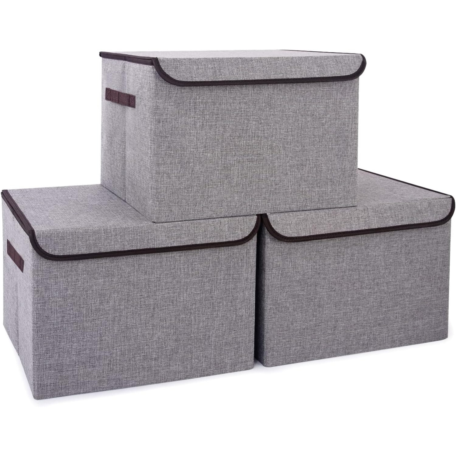 Baginizer  17 Inch Large Collapsible Storage Bins with Lids 3 Pack Gray 42 Quarts Foldable Fabric Linen Boxes for Closet Organizer with Label Stackable