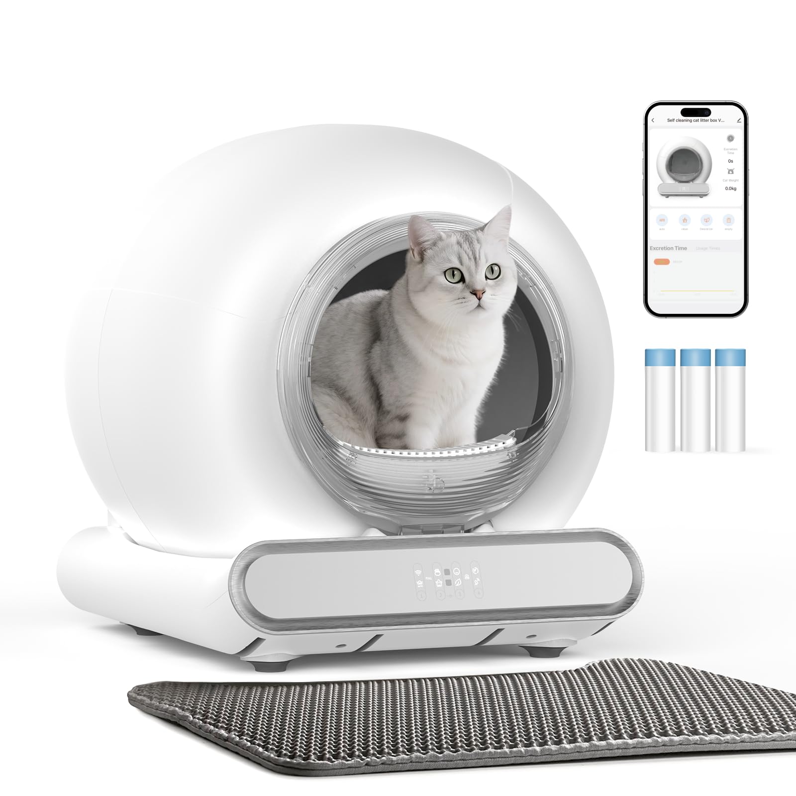 Misopily  Self Cleaning Cat Litter Box 65L Interior 9L Waste Bin for Multiple Cats App Control Infrared Sensor Odor Control Includes 1 Mat 3 Roll Liners White