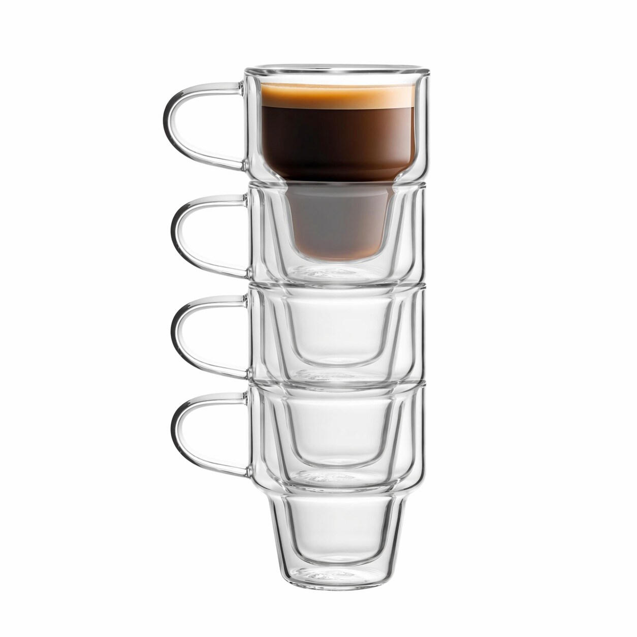 Aoibox  4 Pack 12 oz Double Wall Hand Blown Borosilicate Glass Coffee Mugs Stackable with Handle Lid Espresso