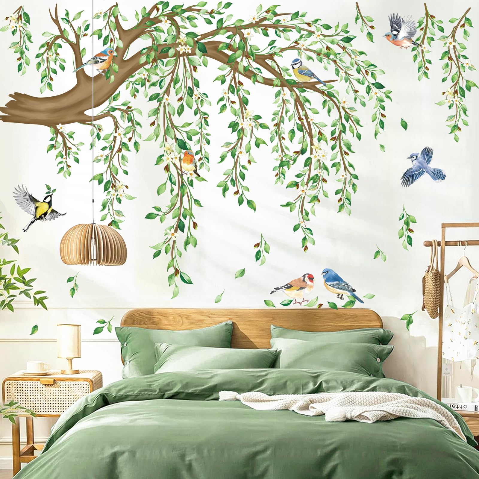 Wudkey 61.02 in. x 42.91 in. Green Leaf Flower Birds Wall Decal Hanging Vine Wall Decals for Living Room TV Background Bedroom