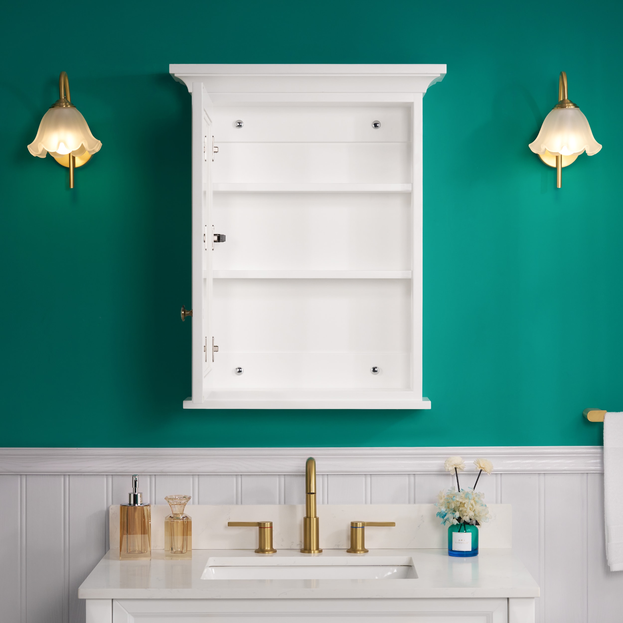 Forclover Solid Wood 24-in x 30-in Lighted Surface Mount White Mirrored Soft Close Medicine Cabinet