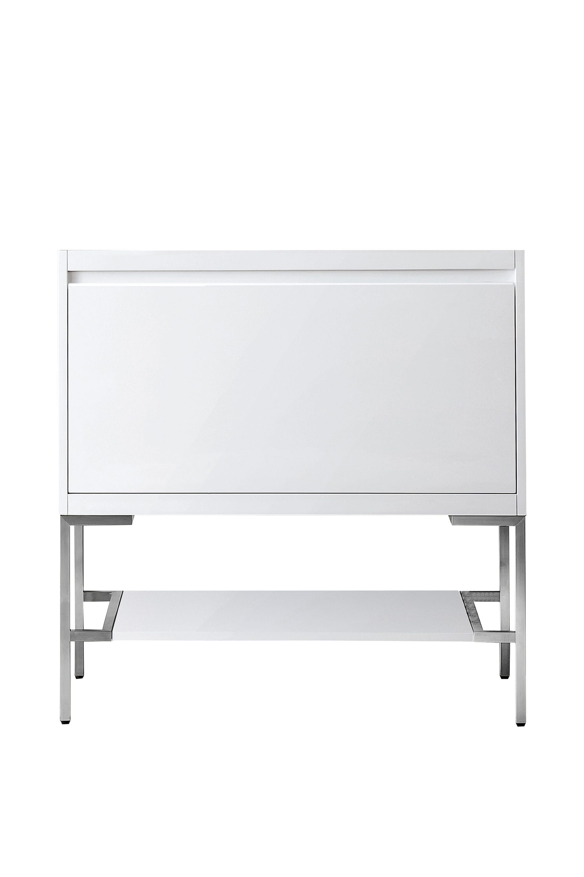Glossy White and Brushed Nickel Single Bathroom Vanity Base, 36-inch