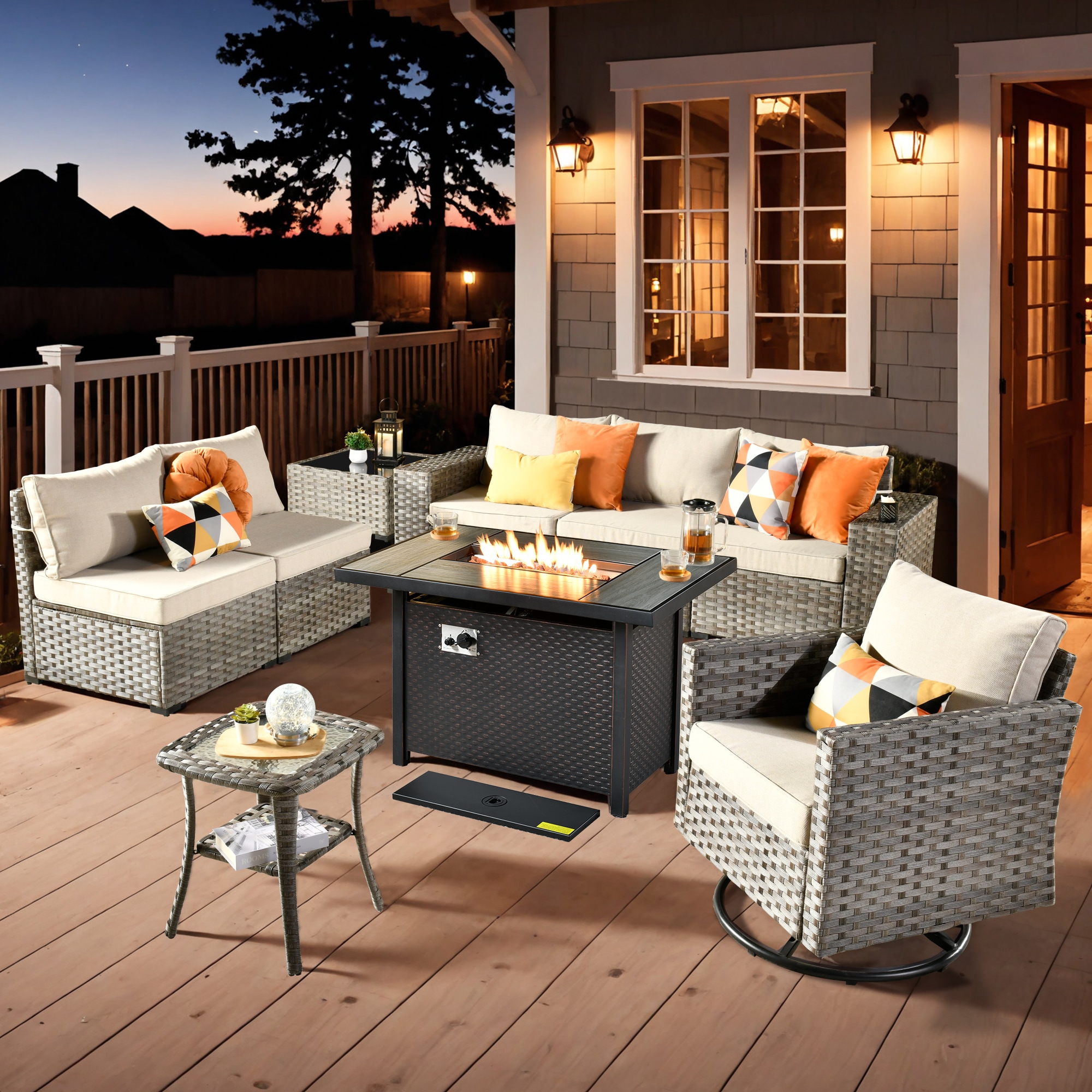 Pouuin SCFPBBR6-9 Wicker Outdoor Sectional with Beige Cushions and Wicker Frame