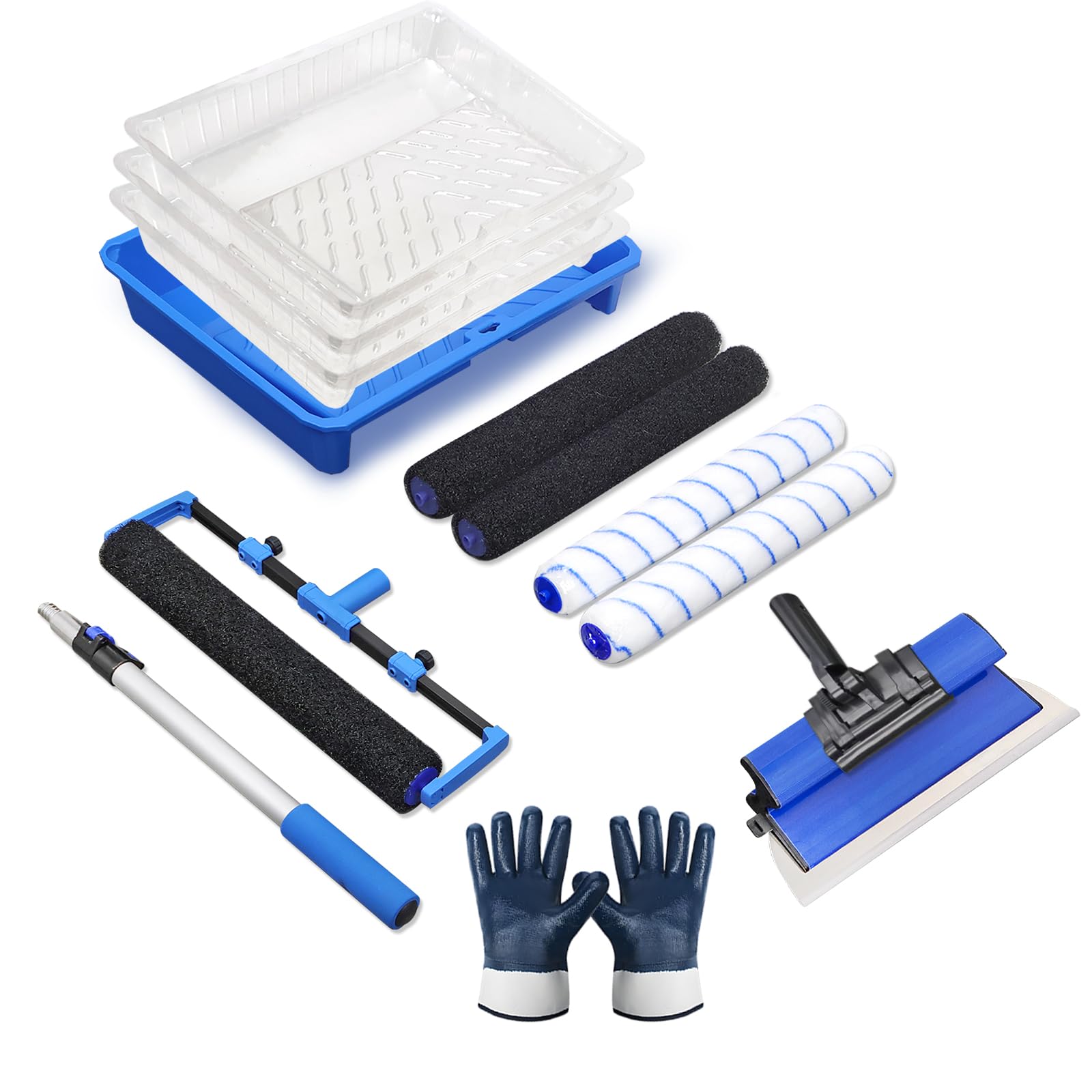 Phyfalip  14 Piece Paint Roller Kit 18 Inch Drywall Compound Roller Set with Extension Pole Skimming Blade Paint Tray Liners and Roller Frame