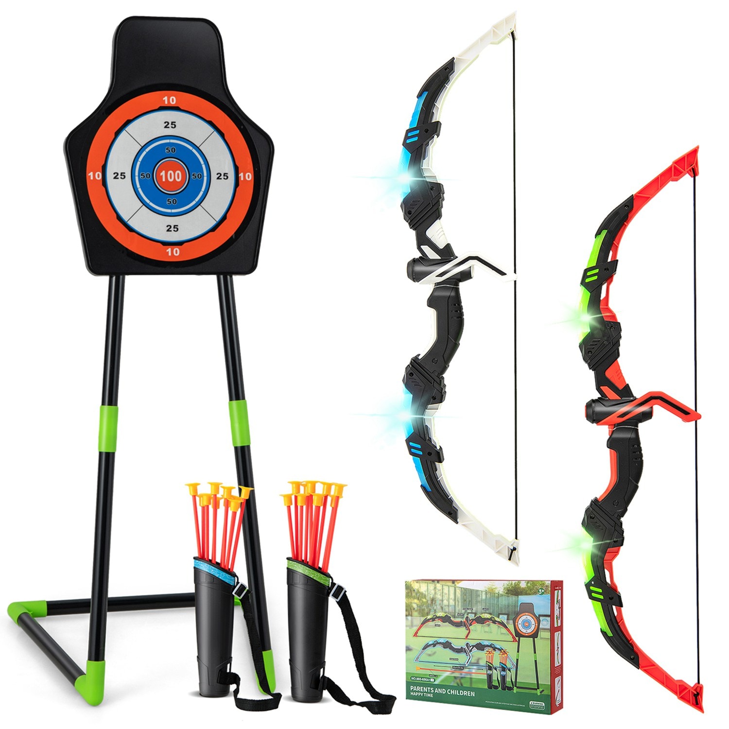 Costway -  2-Pack Bow and Arrow Set for Kids LED Light Up Archery Toy with 20 Suction Arrows