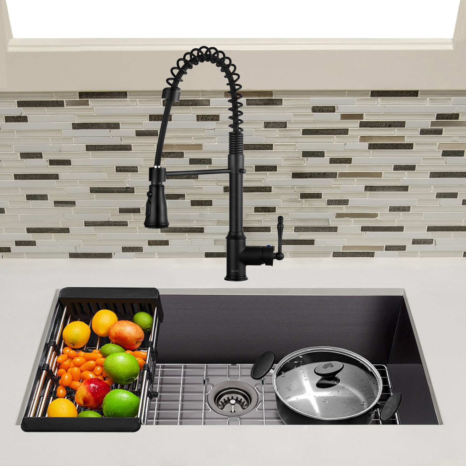 AKDY KS0521-KF12 Undermount 32-in x 18-in Gunmetal Matte Black Stainless Steel Single Bowl Kitchen Sink with Faucet