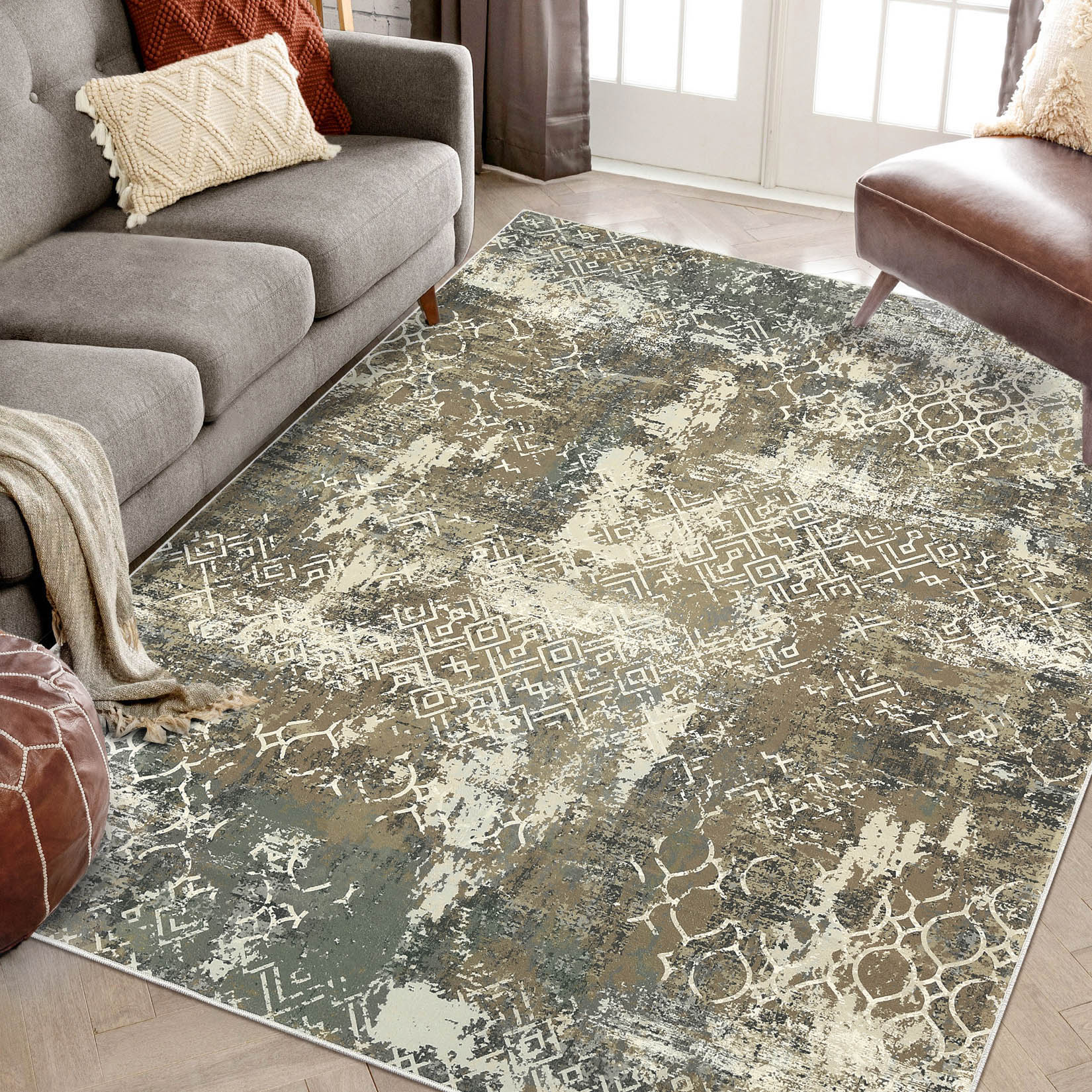 Garvee YXY-LO-PHO-15K0YKVM 10 x 13 (ft) Loomed Polyester Green Rectangular Indoor Geometric Mid-Century Modern Machine washable Area rug