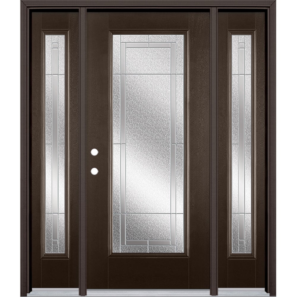 Masonite 3419862 Focus 60-in x 80-in x 4-9/16-in Fiberglass Full lite Right-hand inswing Walnut Stained Prehung Front Door with Sidelights with Brickmould Insulating core