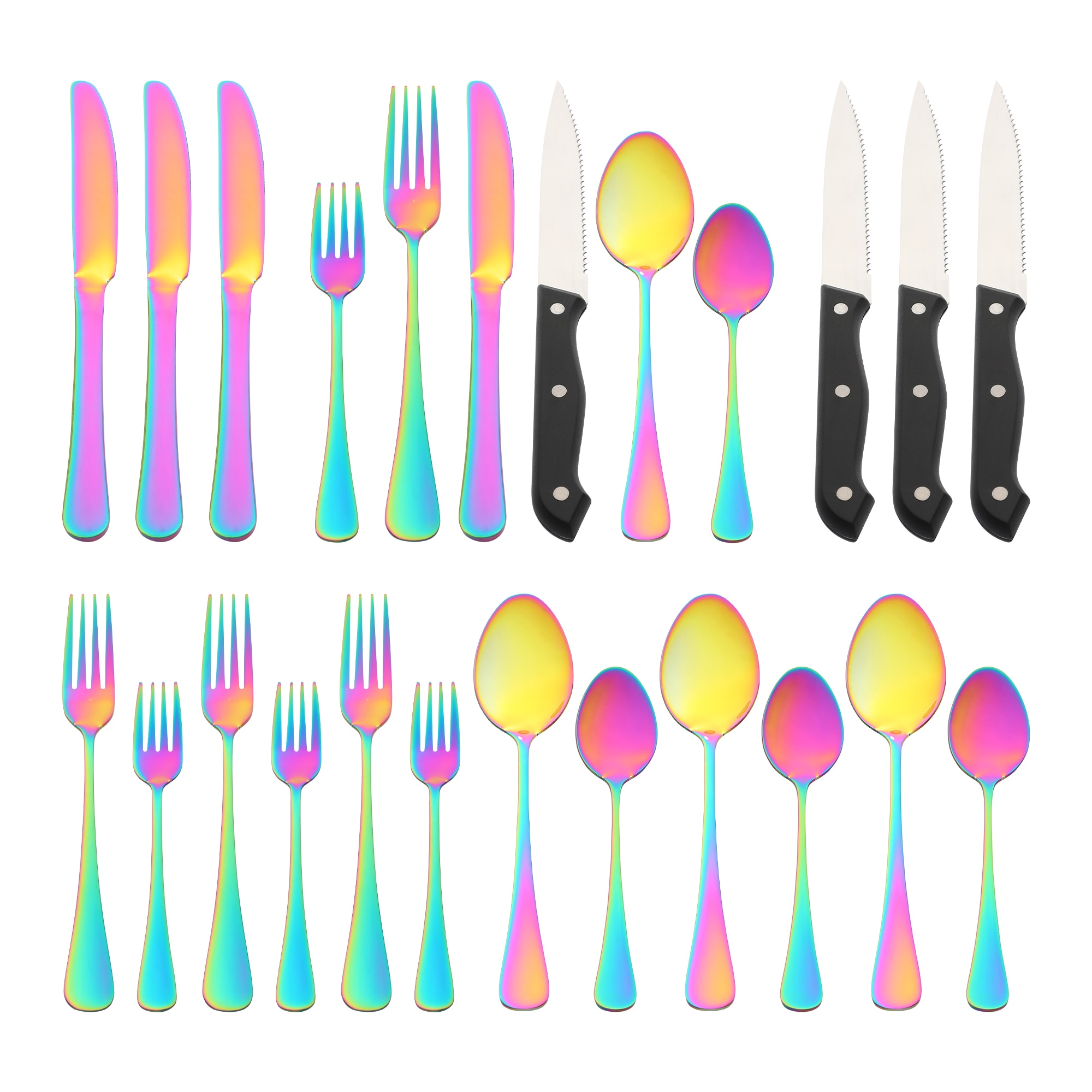 Unique Bargains 24pcs Stainless Steel Flatware Set with Knife Serving Utensil Mirror Polished Silver Cutlery Tableware Set for Kitchen 24pcs Colorful