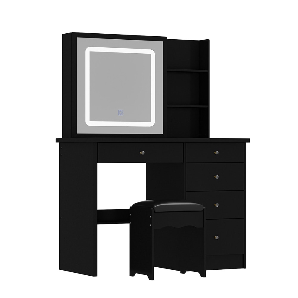  V-KF210213-03 Elegant Vanity Desk with Tri-Fold LED Mirror 15 Adjustable Lights and Spacious Storage for Makeup Organization