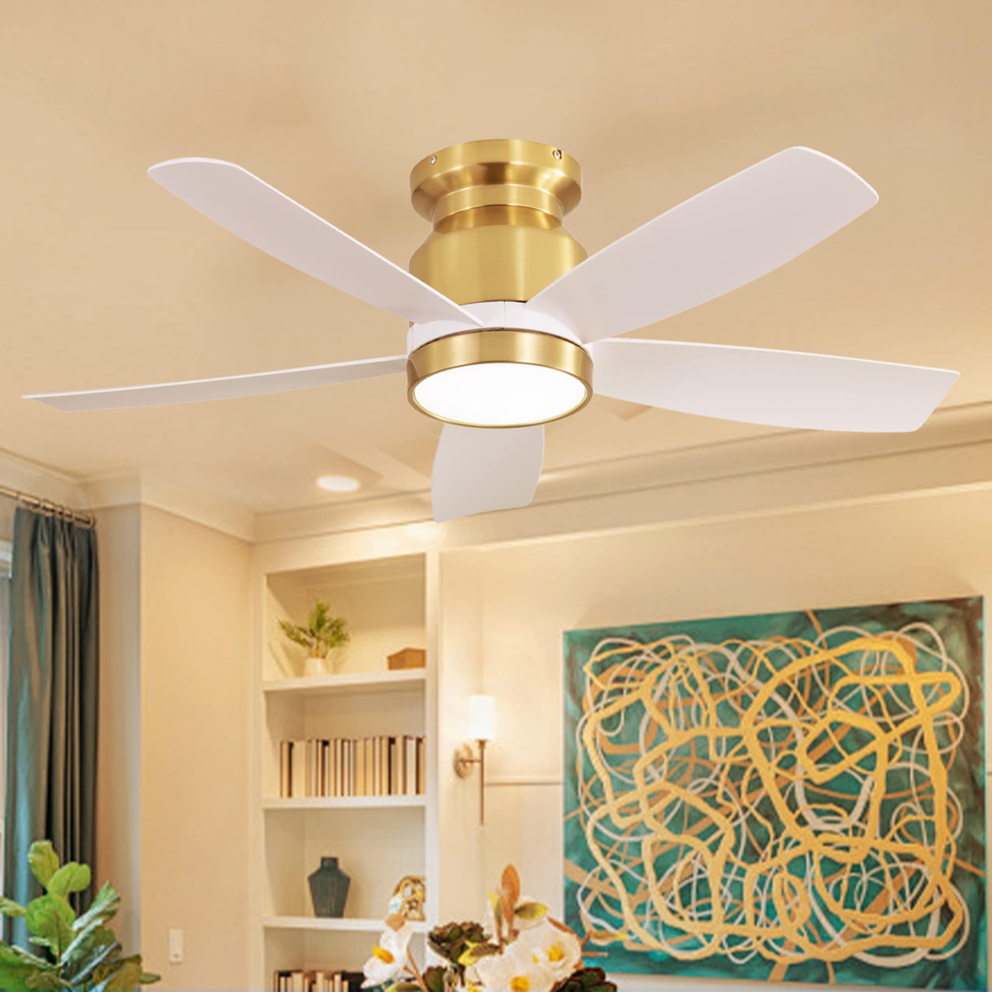 Sunrinx MG9-CF-16 42-in Outdoor Gold with White Blades Ceiling Fan With Light and Remote ( 5 -Blade )