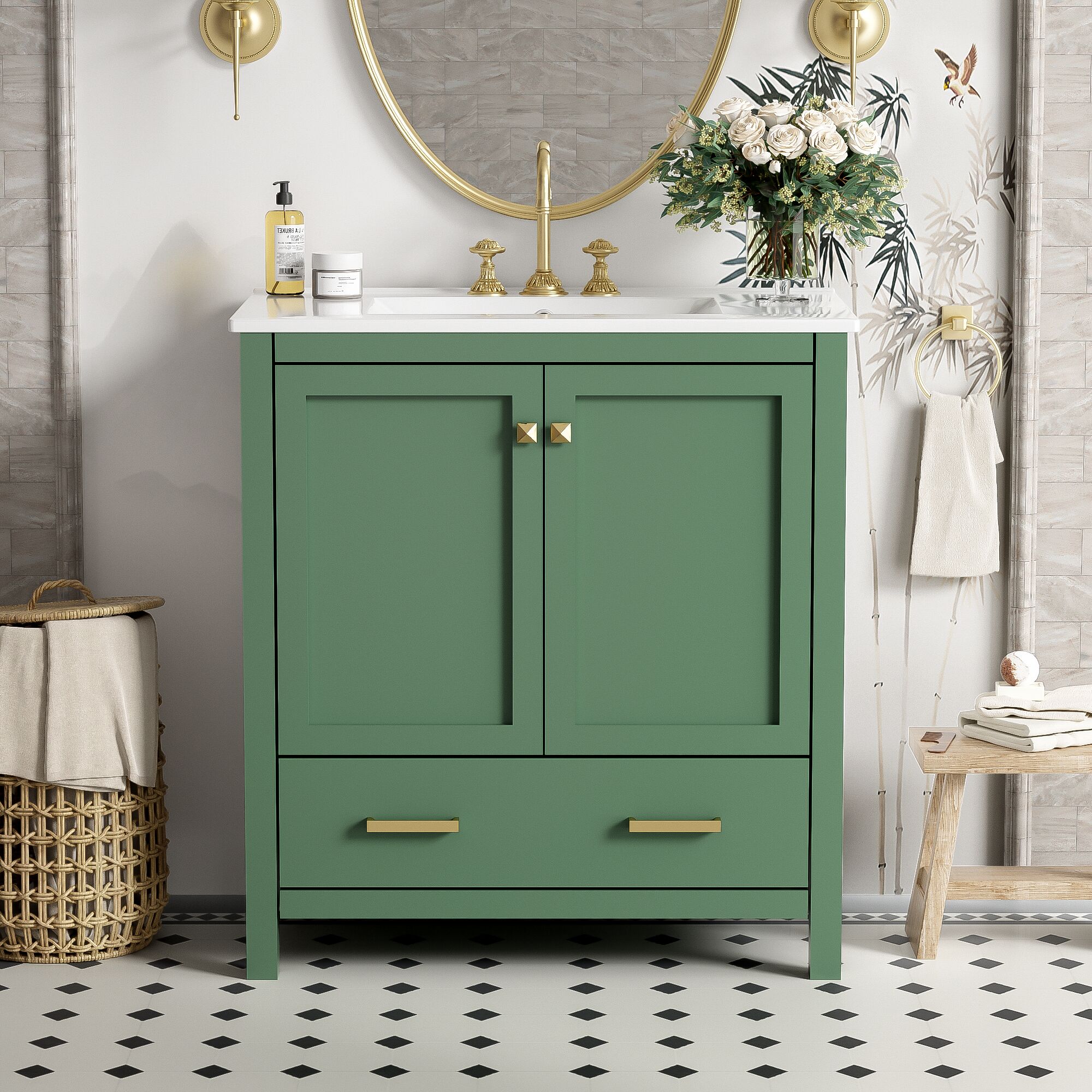 Etokfoks  30 inch Green Bathroom Vanity Single Ceramic Sink Freestanding Cabinet 2 Soft Close Doors 1 Drawer Partitioned Storage 30W x 18D x 34H