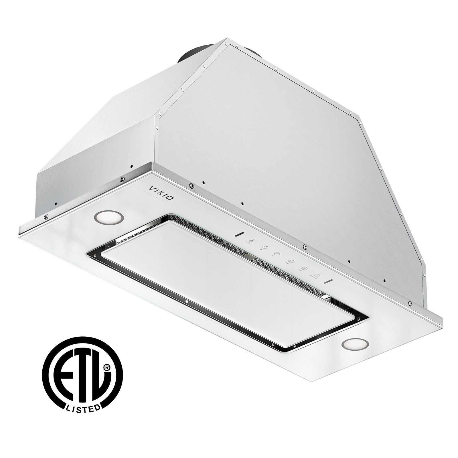 VIKIO B0136W 30 inch Ductless 700-CFM Recirculating White and stainless steel Insert Under Cabinet Range Hood with Charcoal Filter
