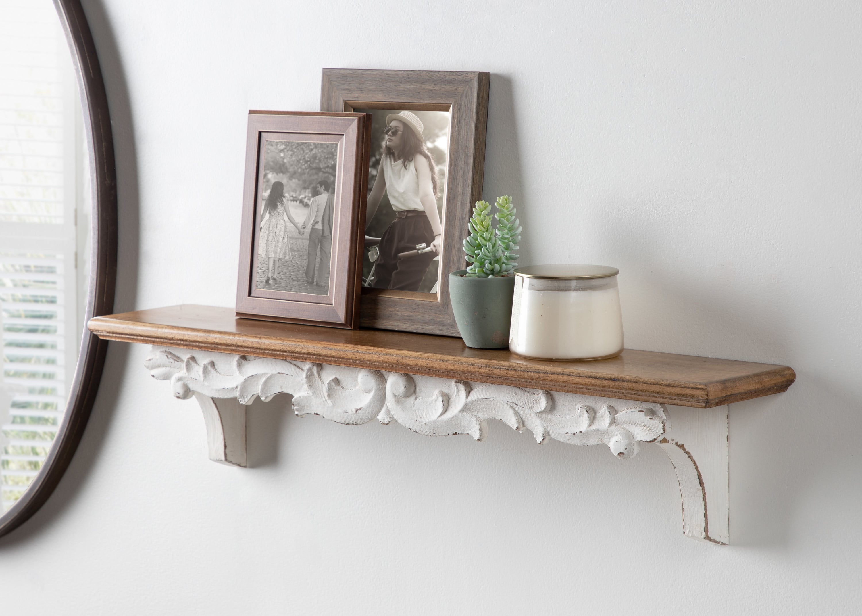 Rustic Brown and White Fir Wood Floating Wall Shelf