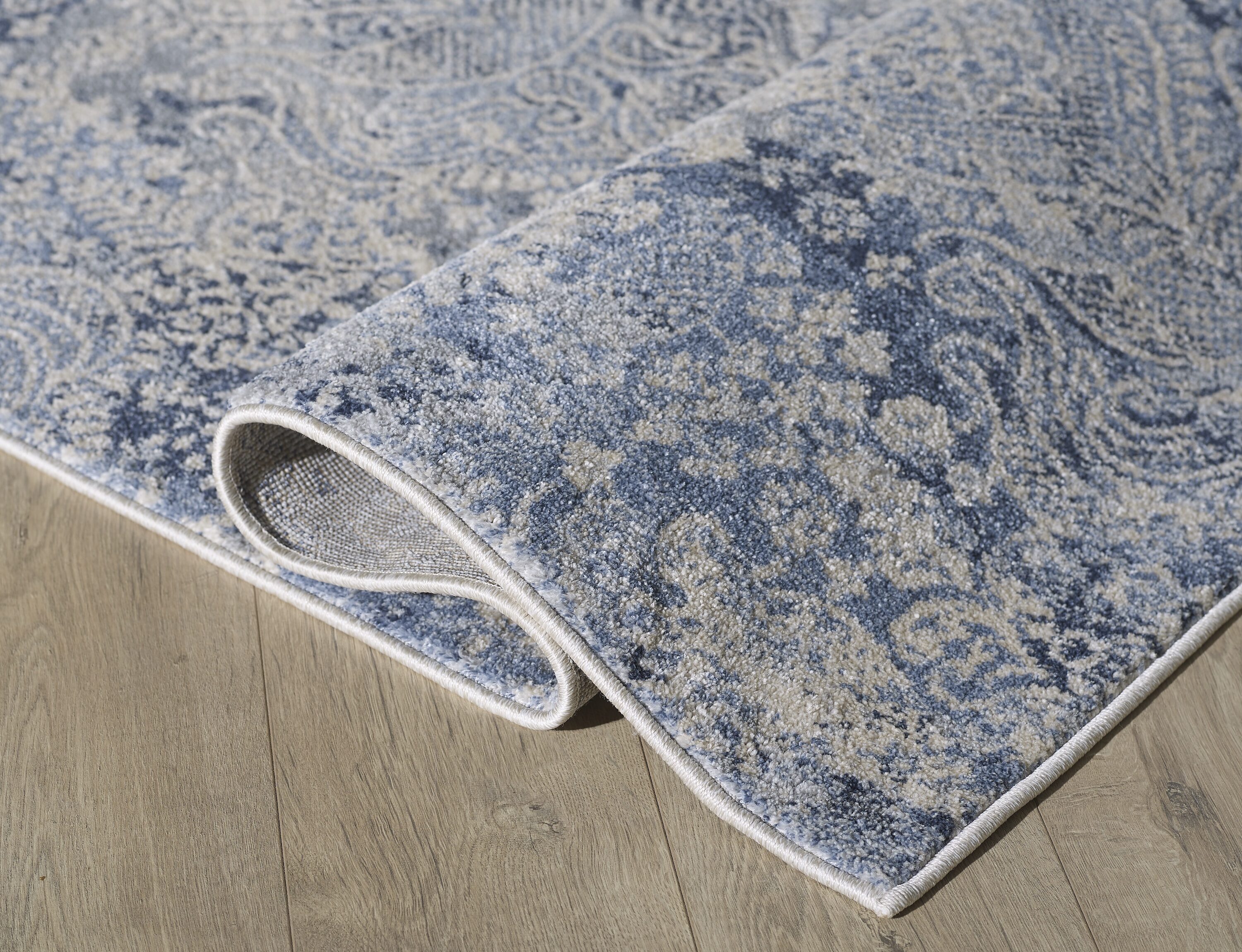 Cream and Light Blue Reversible Synthetic Rectangular Rug