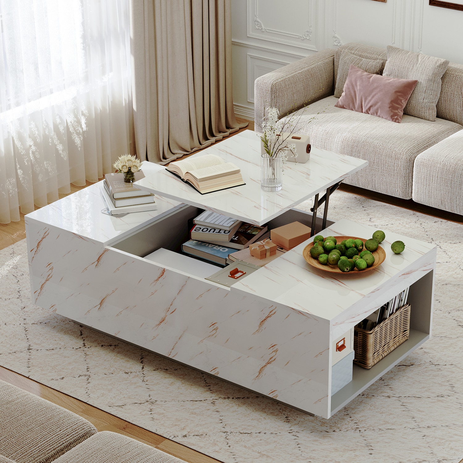 GZMR - Modern MDF White 47.2-in W x 15.7-in H Hinged Top with Drawers Coffee Table