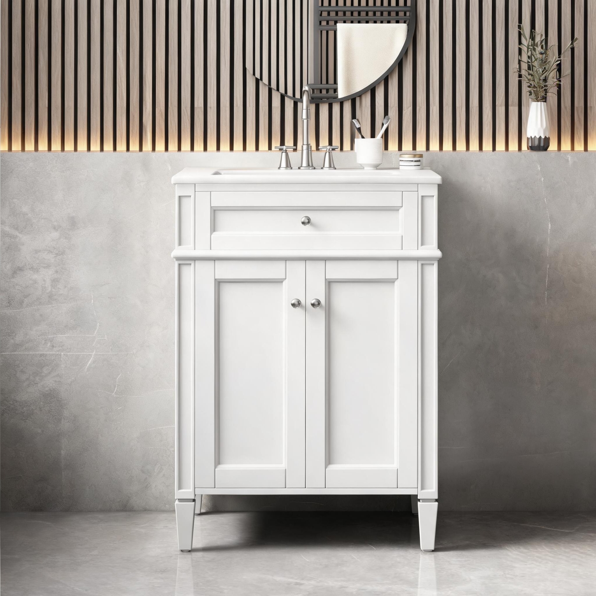 Naturefalls - Clean White 24-Inch Floor-Mount Bathroom Vanity with Sink French Country Storage Ca...